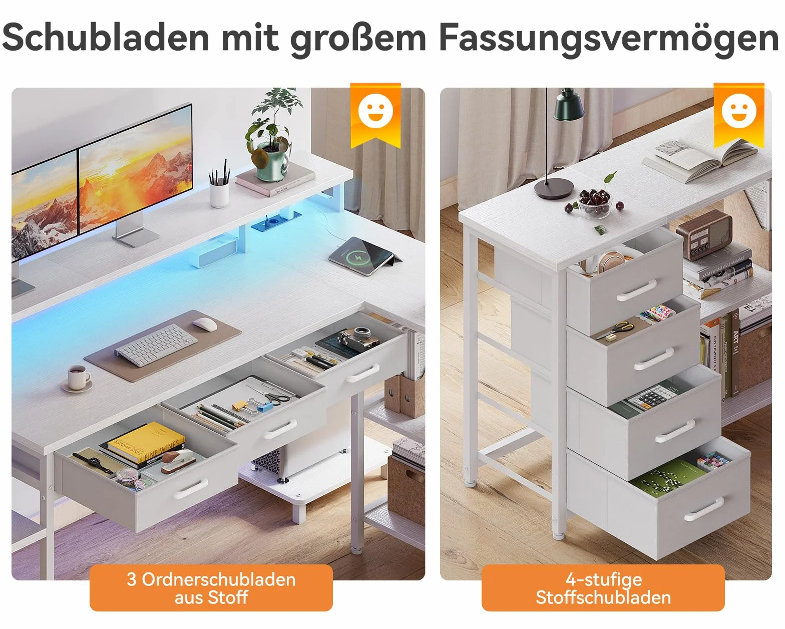 Coleshome Biurko Gamingowe ze Światłem RGB, 179.5×135.5cm Narożne z 7 Szufladami, Reversyjne w Kształcie L z 2 Gniazdami, biały