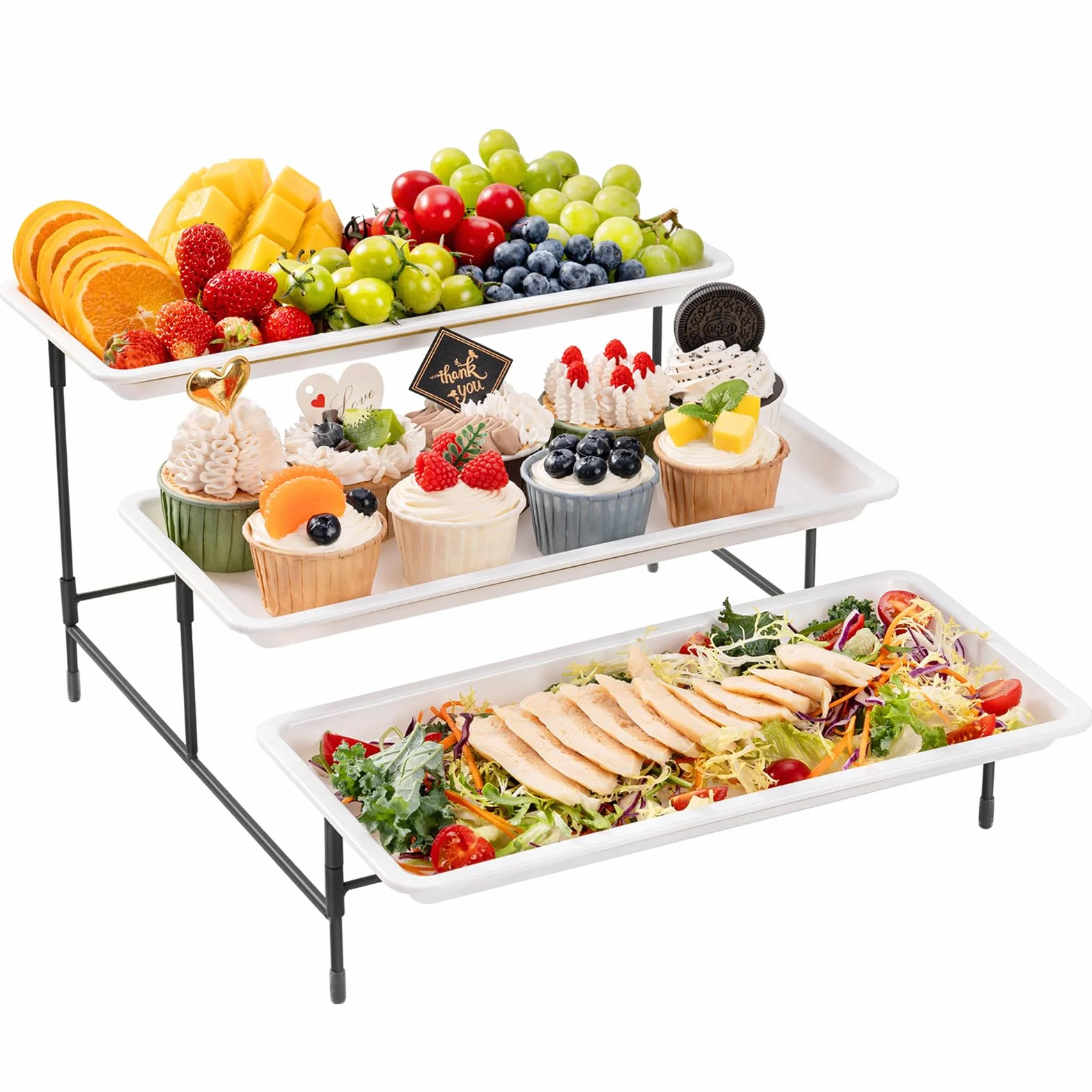 Lifewit 3-poziomowa taca do serwowania na przyjęcia, 36 × 17 cm tace do żywności, tace wielokrotnego użytku ze składanym stabilnym metalowym stojakiem na warzywa, owoce, ciastka, deser, czarny
