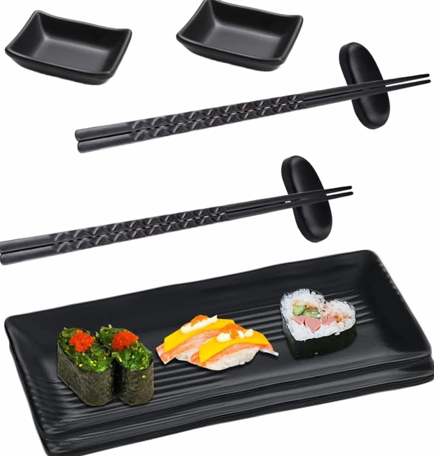 Zestaw do sushi z miseczkami do dipów, naczynia do sushi z pałeczkami, czarne talerze, miska z melaminy, zestaw talerzy z 2 parami pałeczek do jedzenia + 2 stojaki na pałeczki + 2 talerze + 2