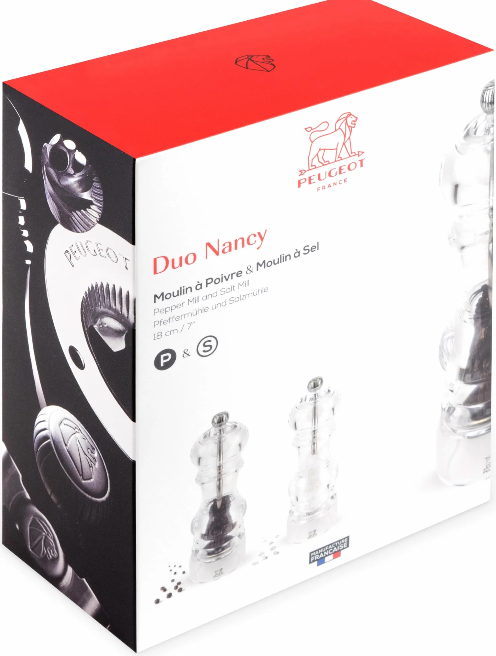 Peugeot Nancy ręczny zestaw młynków do soli i pieprzu akryl 18 cm