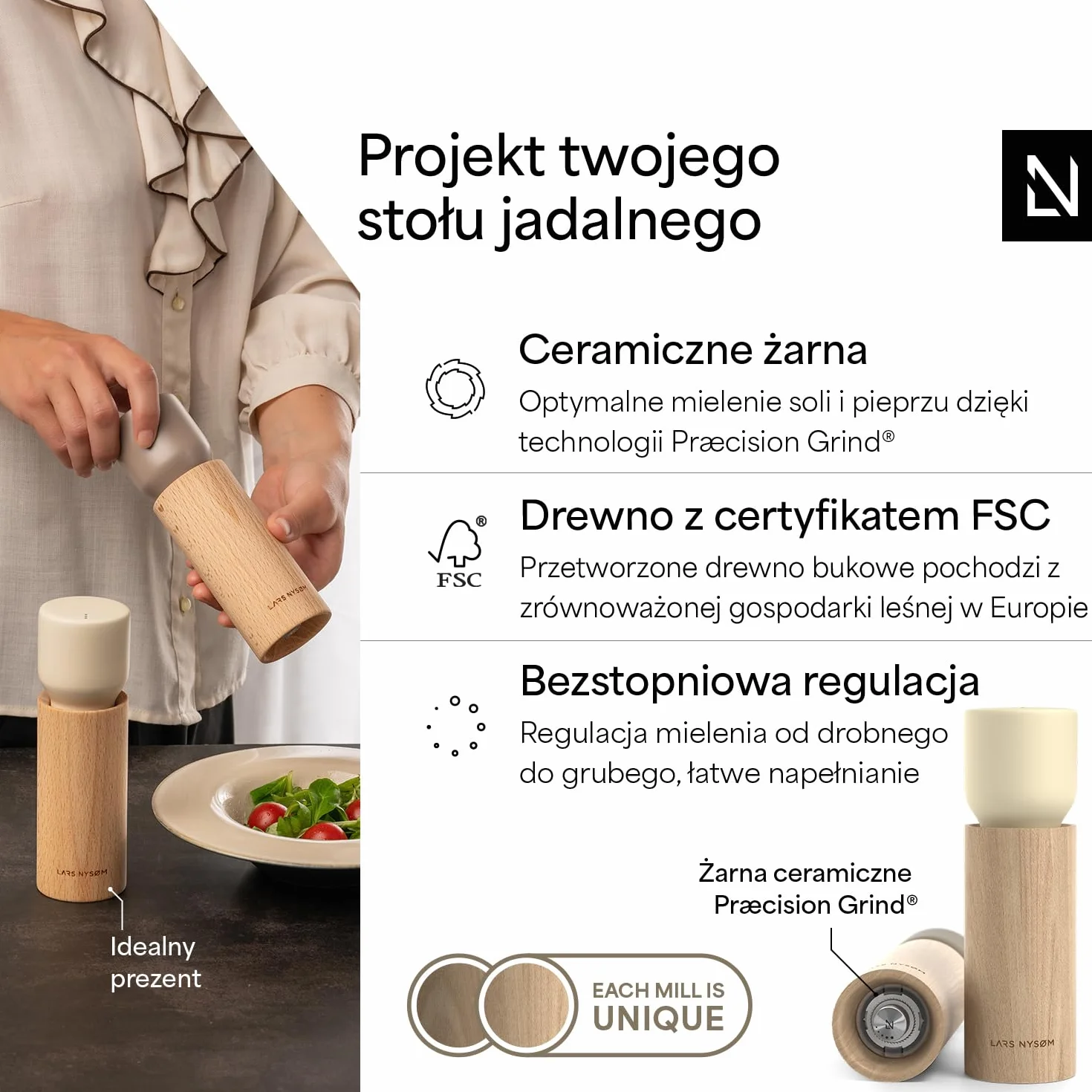 LARS NYSØM Zestaw młynków z drewna z tacką, regulowany ceramiczny mechanizm, bukowy, brąz/beż