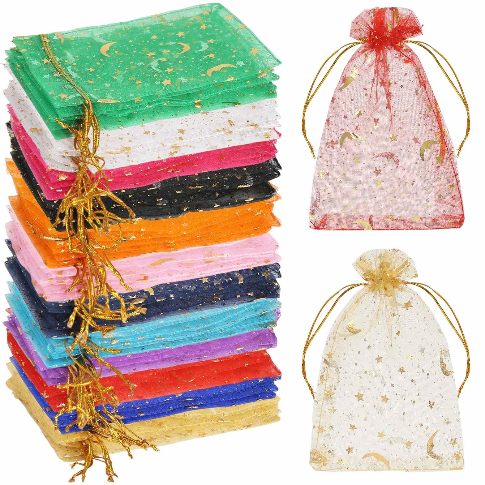 Woreczki z organzy, 120 sztuk, 15 x 10 cm, małe woreczki z organzy, ze sznurkiem, woreczki na biżuterię, woreczki do napełniania, woreczek prezentowy, małe, motywy księżyca i gwiazd, na Boże