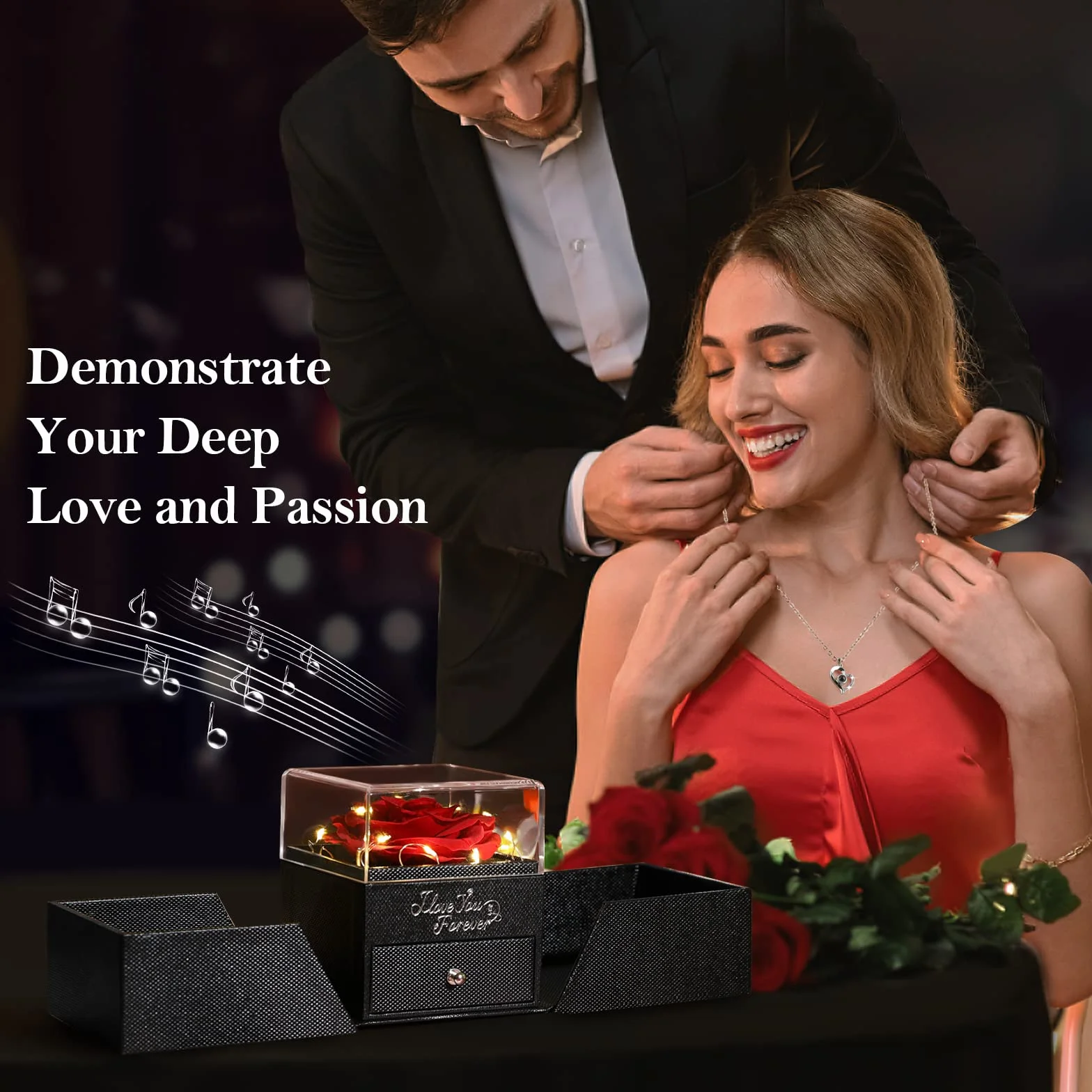 Emibele Preserved Real Rose S925 Sterling Silver Necklace I Love You 100 Languages Eternal Rose Box Music Lights Romantic Birthday Gifts Women