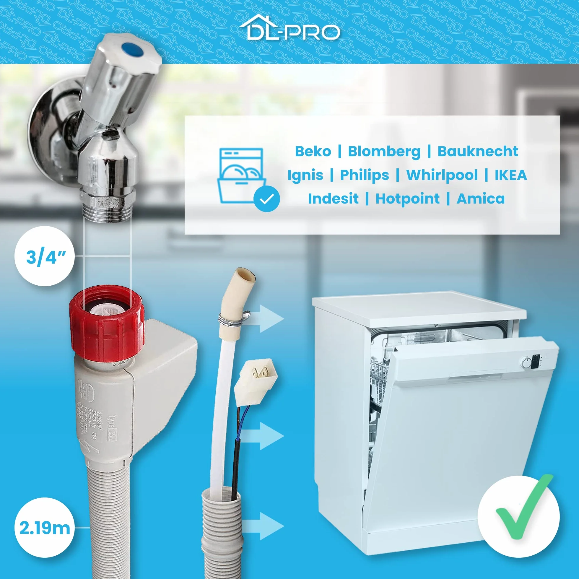 Wąż dopływowy Aquastop 2,19 m do zmywarki Beko Whirlpool 1760360100 481253029201