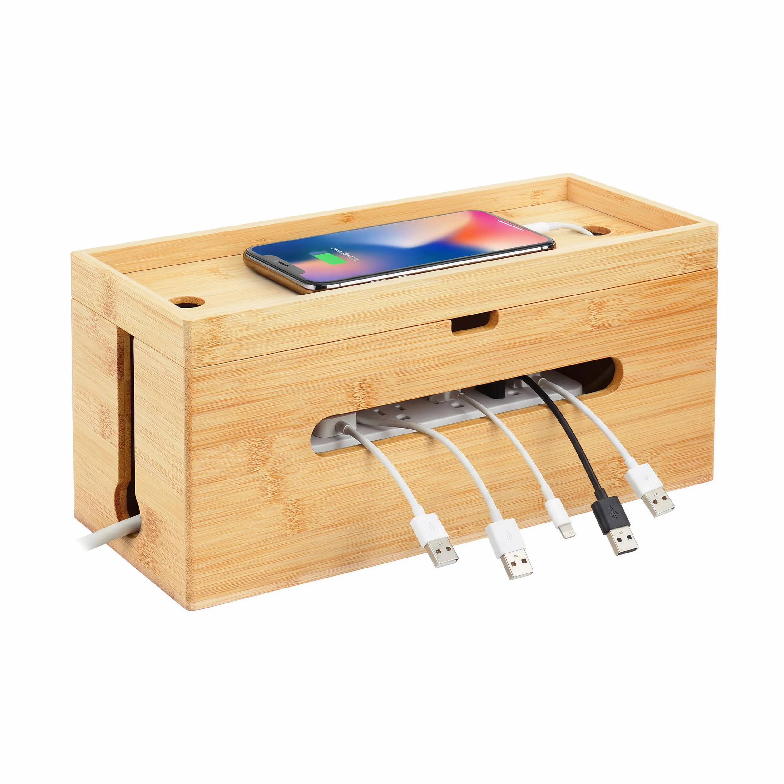 Relaxdays Bambusowa skrzynka na kable z 6 gniazdami, organizer, 16 x 34 x 13,5 cm, naturalna