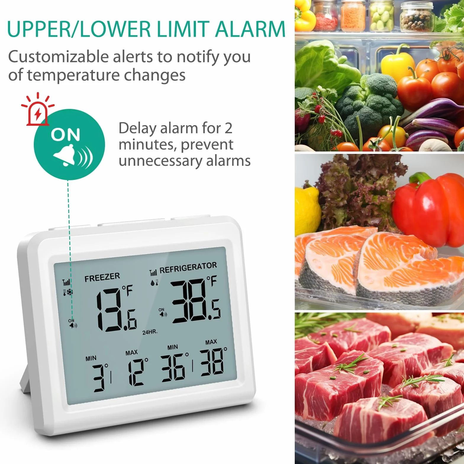 ORIA Cyfrowy termometr do lodówki 2 bezprzewodowe czujniki 3,7" ekran alarm min/max ℃/℉