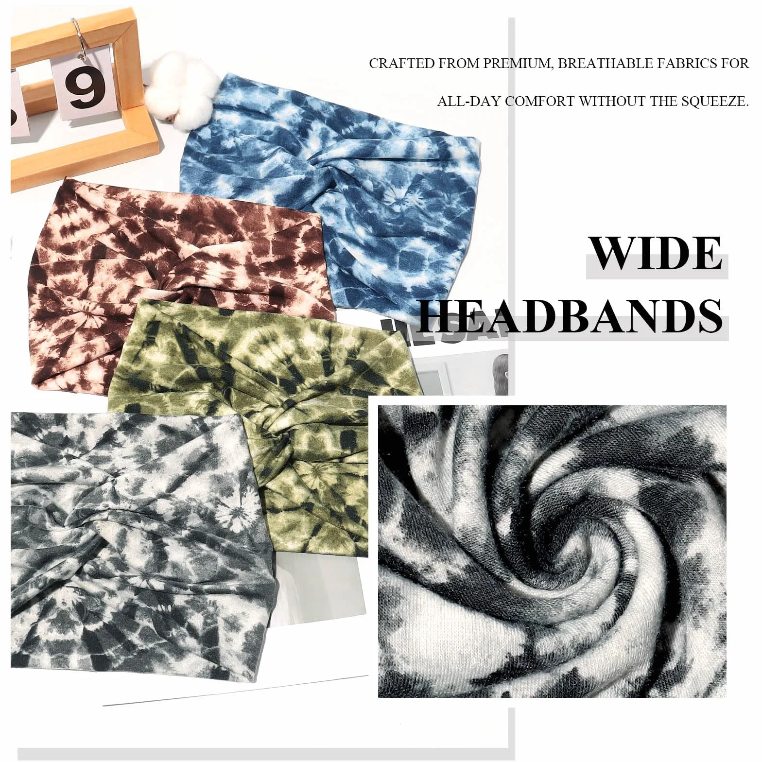 Kavya Opaska na Głowę Damska, Bandana Print, 4 Sztuki, 10 cm Szerokości, Elastyczna, Boho Style, do Jogi i Sportu (Niebieski, brązowy, szary, zielony)