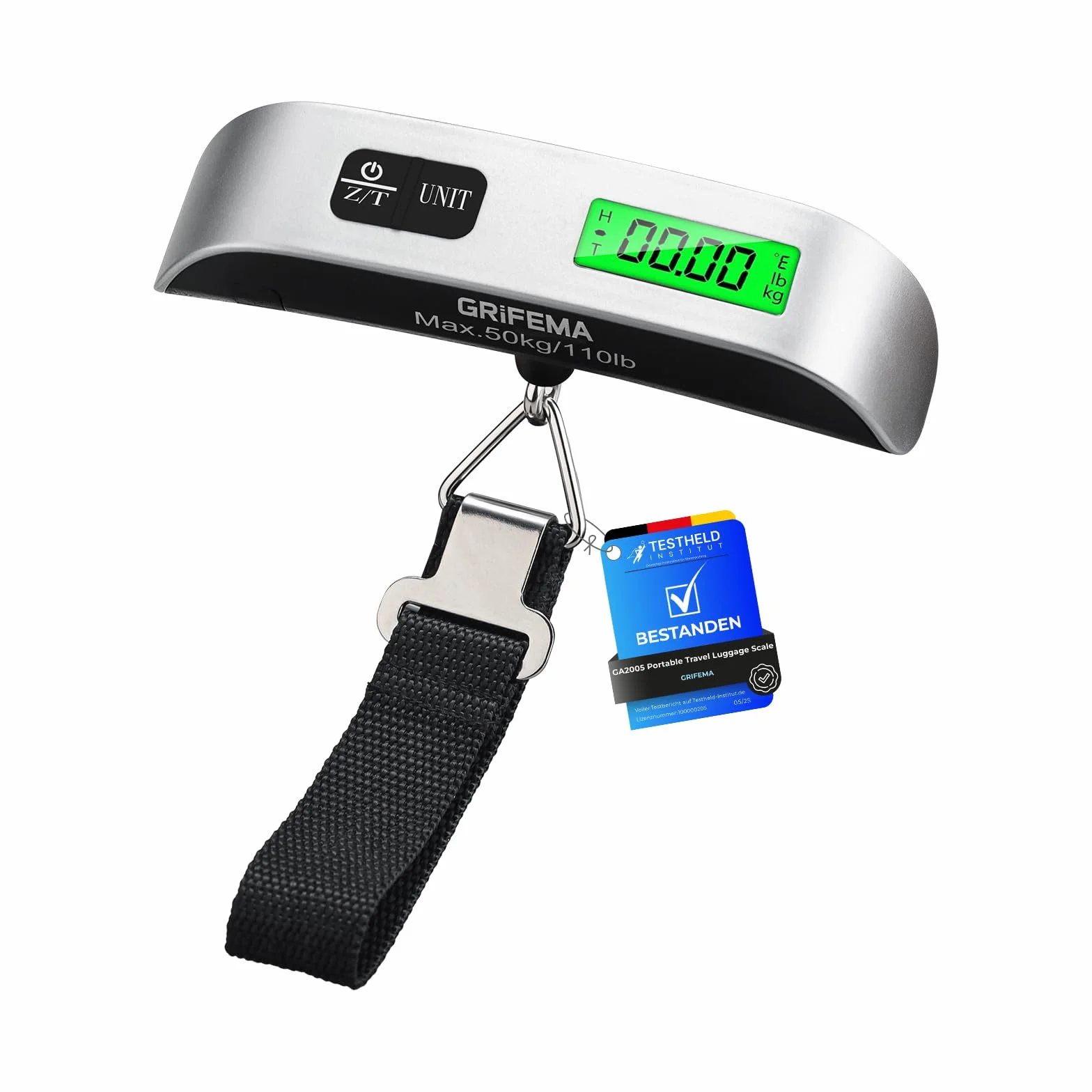 GRIFEMA GA2005 Waga Bagażowa Podróżna, Waga Walizkowa z Wyświetlaczem LCD, Do 50 kg/110 lb, Szara