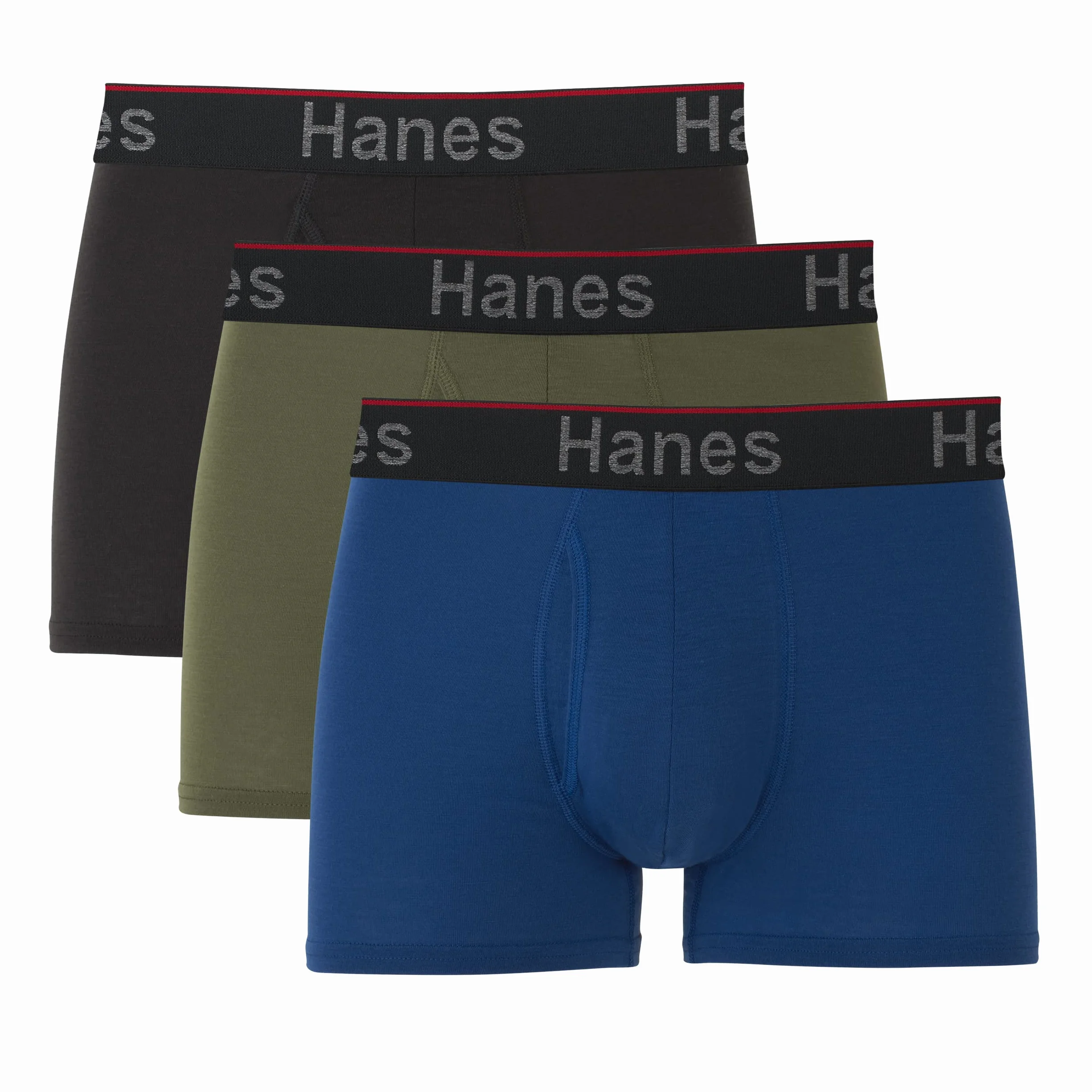 Hanes Men's Moisture-Wicking Anti-Chafing Boxer Briefs, 3-Pack in Black/Blue/Olive, X-Large