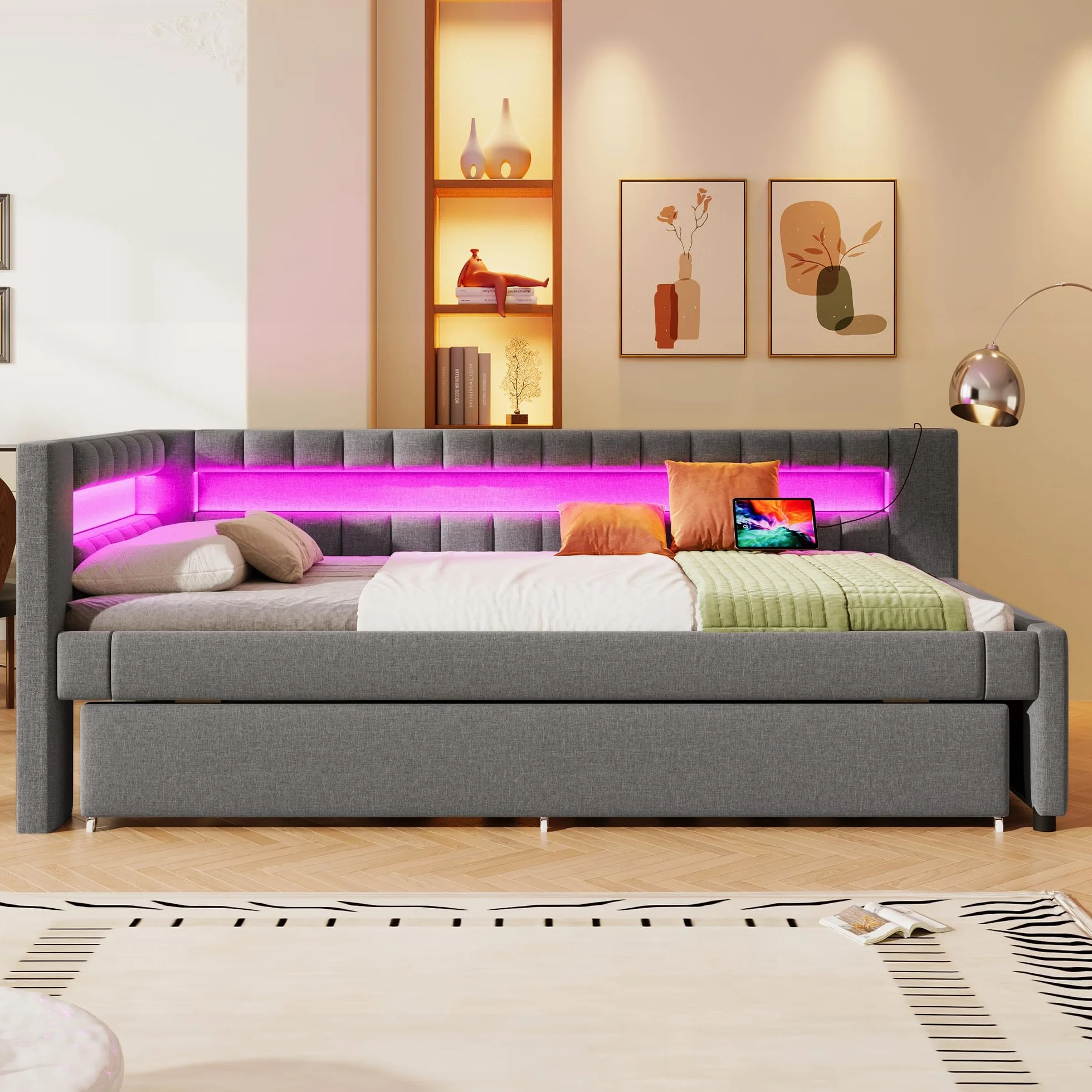 Łóżko tapicerowane z funkcją spania 90x200 cm z diodami LED i USB szare