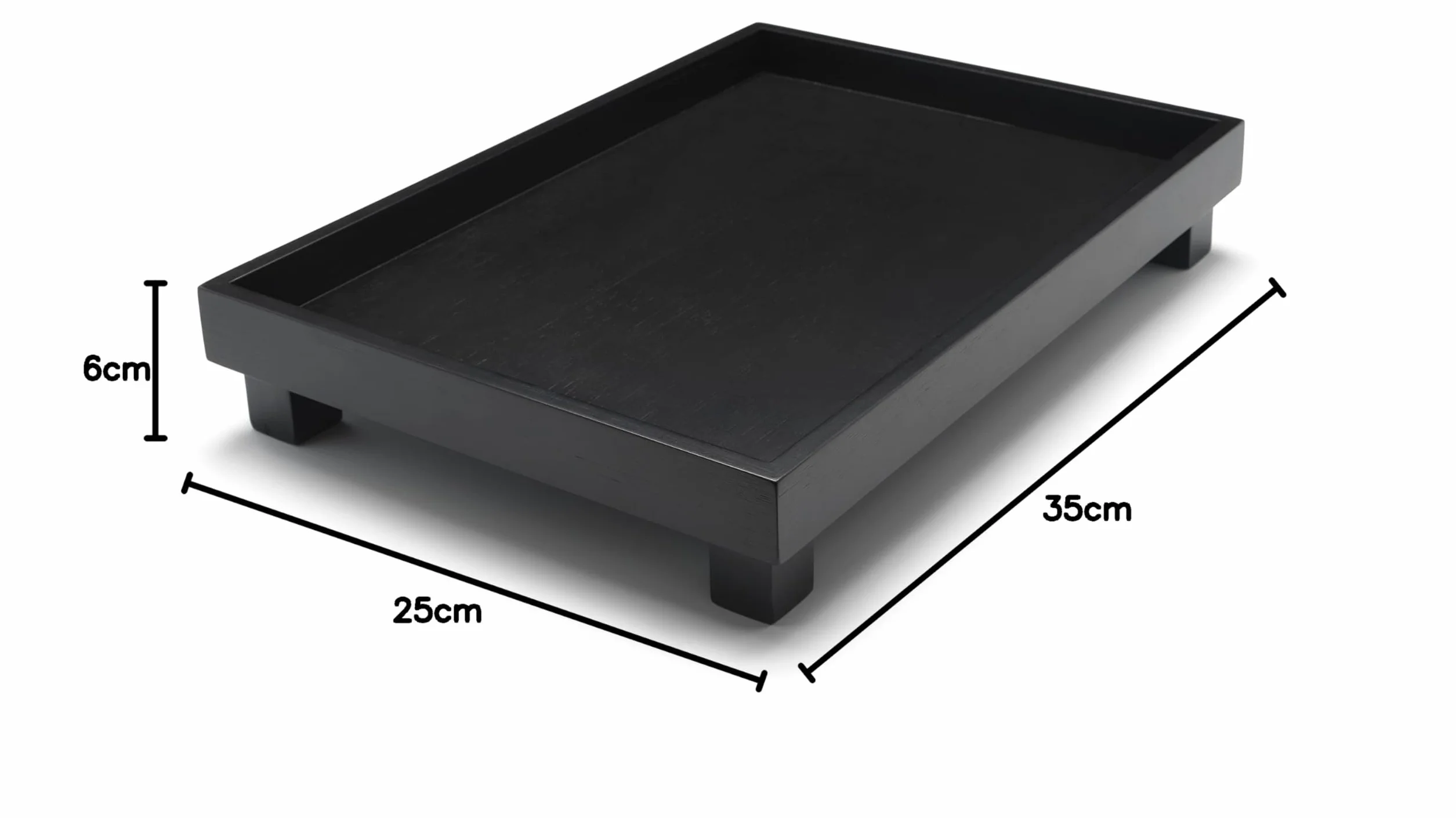 Duża czarna prostokątna taca drewniana 35 x 25 cm z 4 nóżkami – wysoki brzeg – w azjatyckim wzornictwie