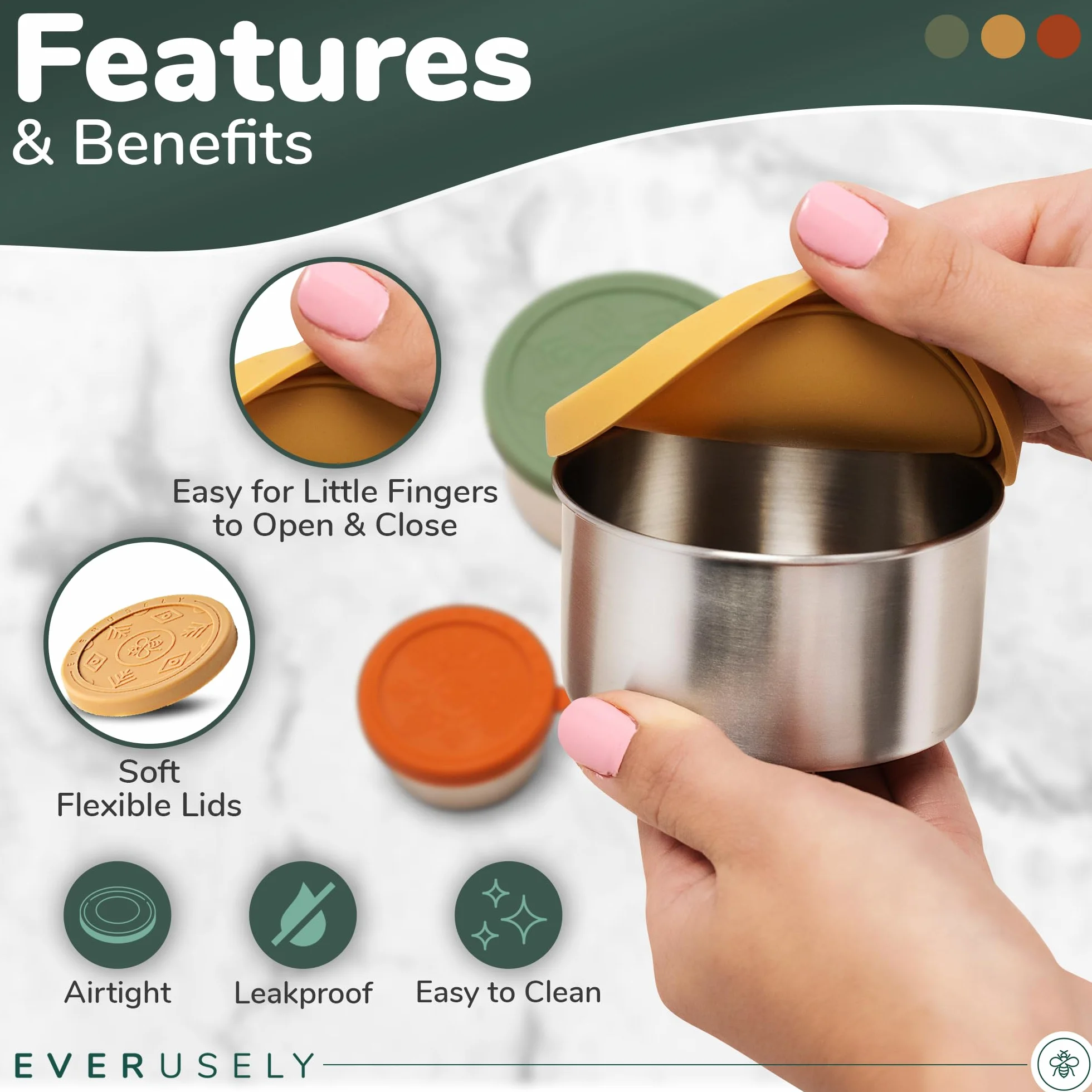 Everusely Stainless Steel Food Containers 3 Pack Leakproof Metal Lunch Box