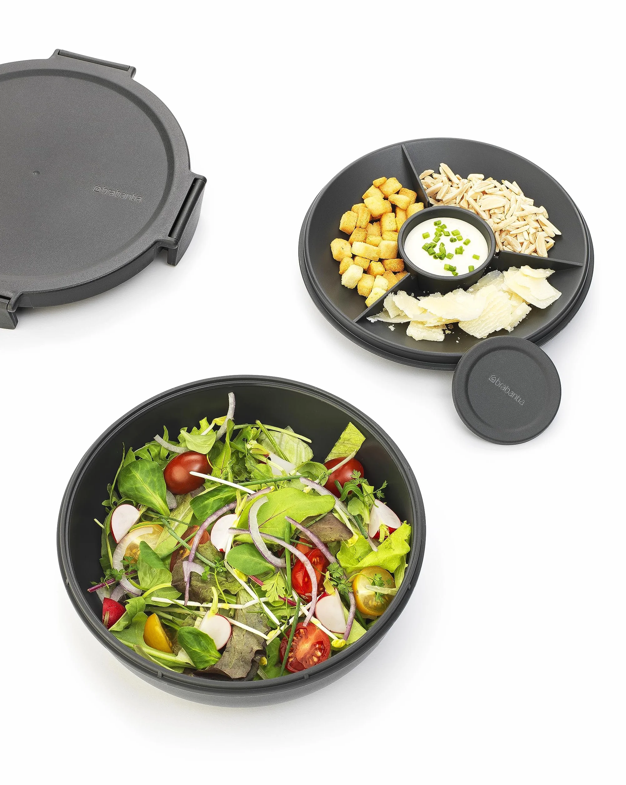 Brabantia Make & Take Miska na Sałatkę 1.3L Wyjmowana Taca na Dodatki Pokrywka Szczelna Dark Grey
