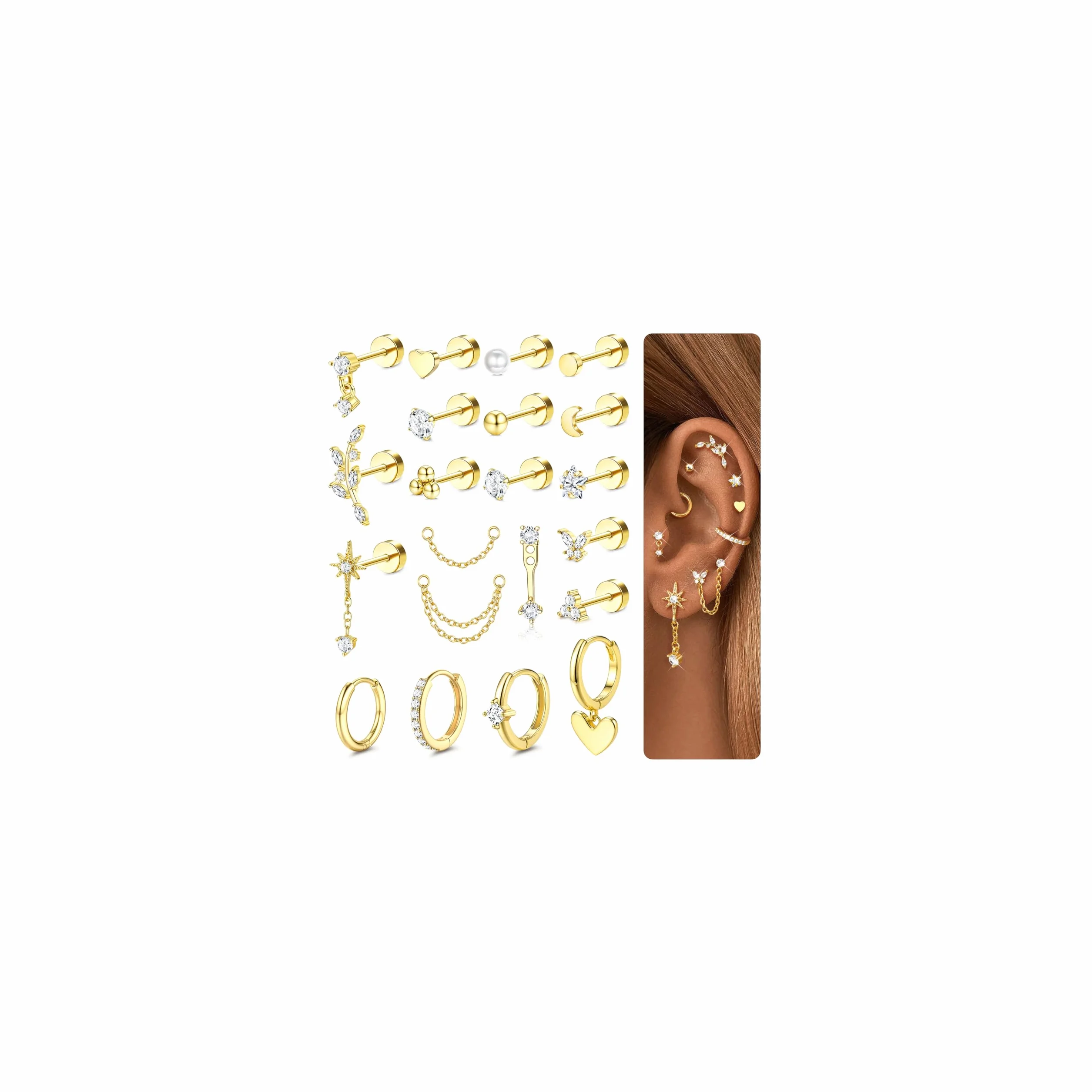 CASSIECA 21 szt. Kolczyki damskie chirurgiczne stal chirurgiczna kolczyk do uszu hipoalergiczne kolczyki damskie Helix Trag Hipoalergiczny Multi Piercing