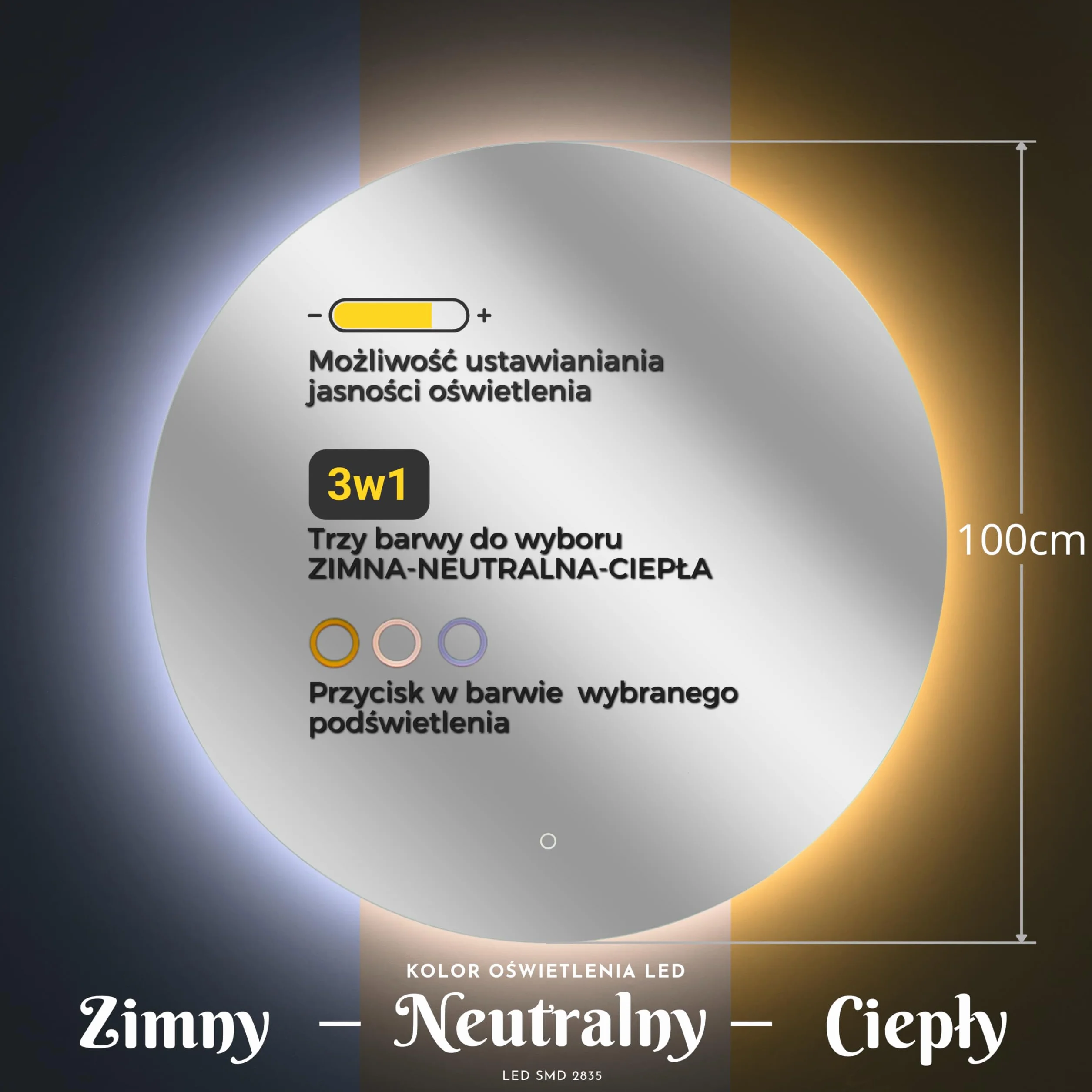 Okrągłe Lustro Ścienne LED z Panelem Dotykowym 3 Kolory Światła Kryształ 100x100x3cm