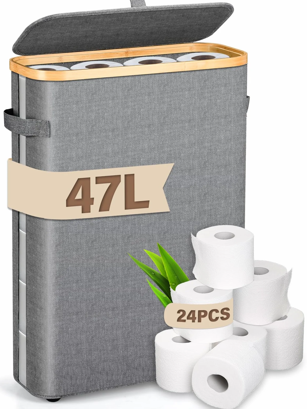 Kosz do przechowywania papieru toaletowego z pokrywką, 47 l bambusowy organizer do papieru toaletowego, organizer do łazienki, przezroczysty pojemnik na rolki papieru toaletowego z uchwytem i nóżkami