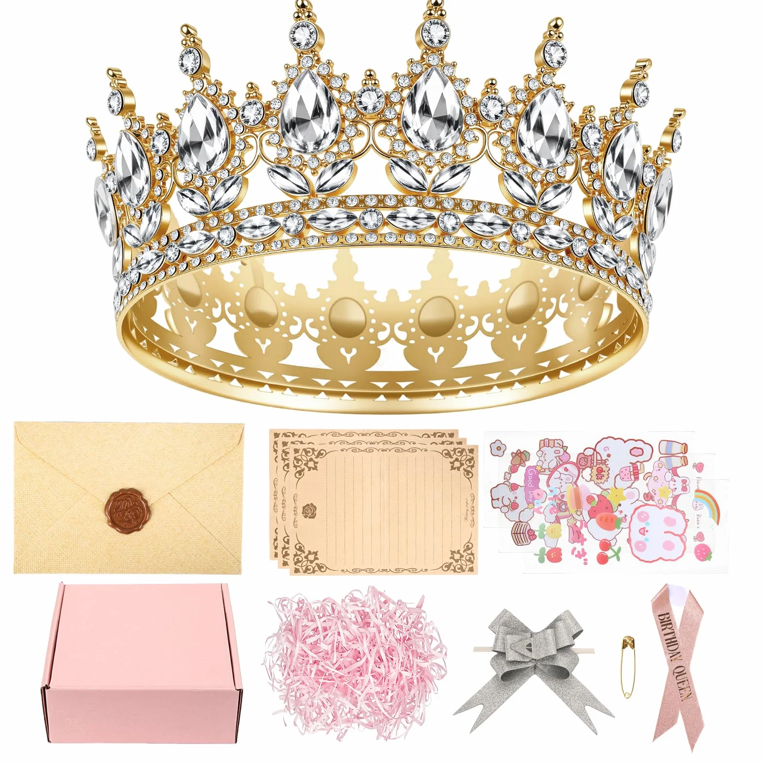 Pełna okrągła tiara dla dziewczynek, korona ze strasu, diadem dla panny młodej, kryształowa tiara barokowa, tiara księżniczki, z różowym pudełkiem na prezent, pasek na ramię w kolorze różowego złota