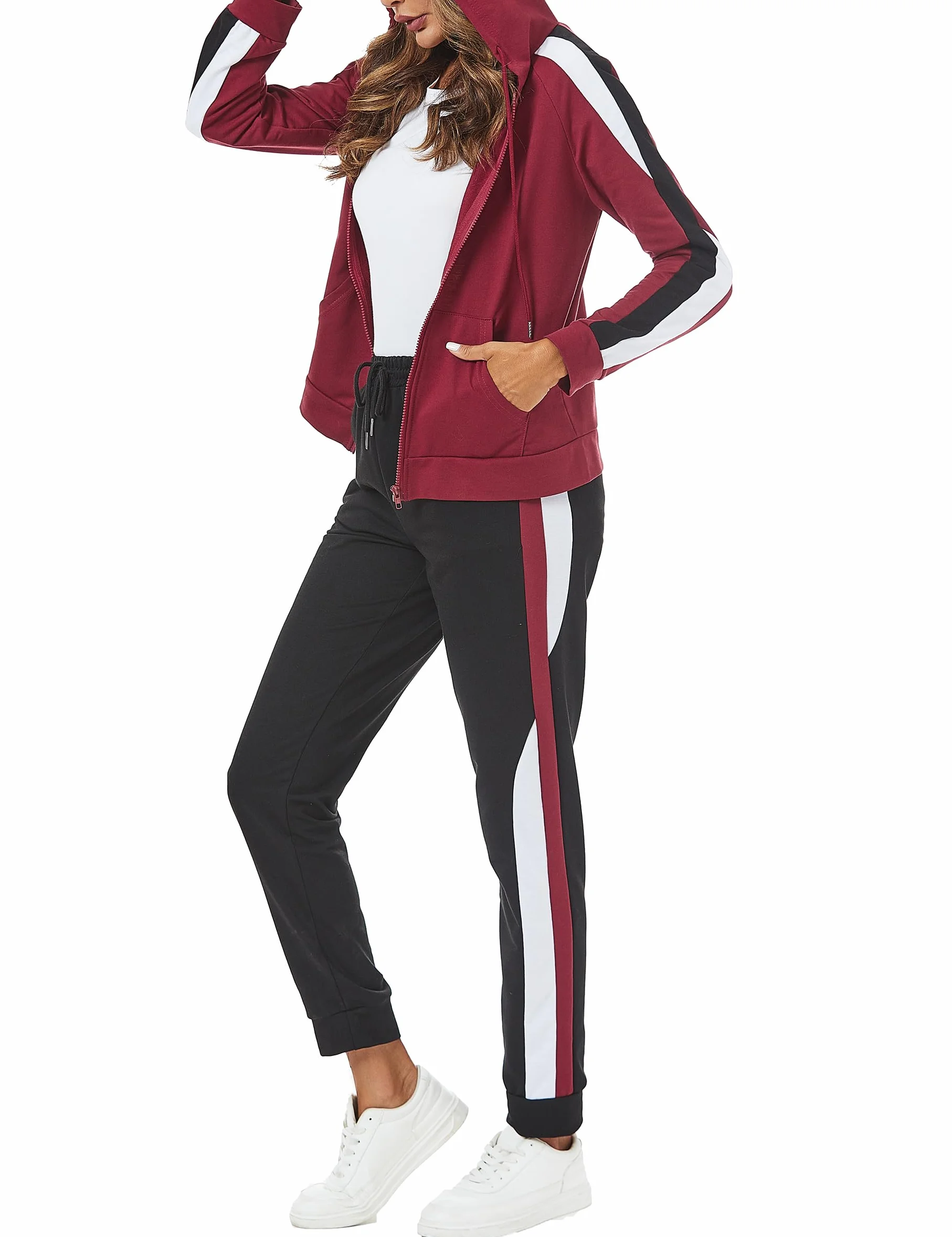 Litherday Dres damski, kombinezon, damski, zimowy, zestaw sportowy, damski, bawełna, bluza z kapturem kontrastowy kolor i spodnie joggery, do fitnessu, joggingu, S-XXL