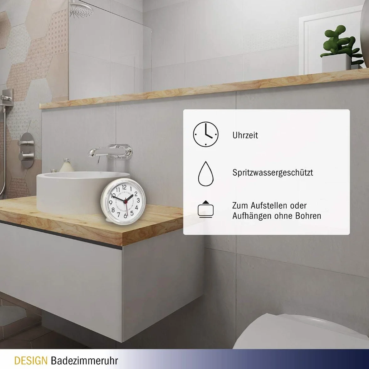 TFA Dostmann Zegar analogowy, 60.3055.02, do łazienki, wodoodporny, możliwość zamocowania bez wiercenia, kolor biały kremowy,