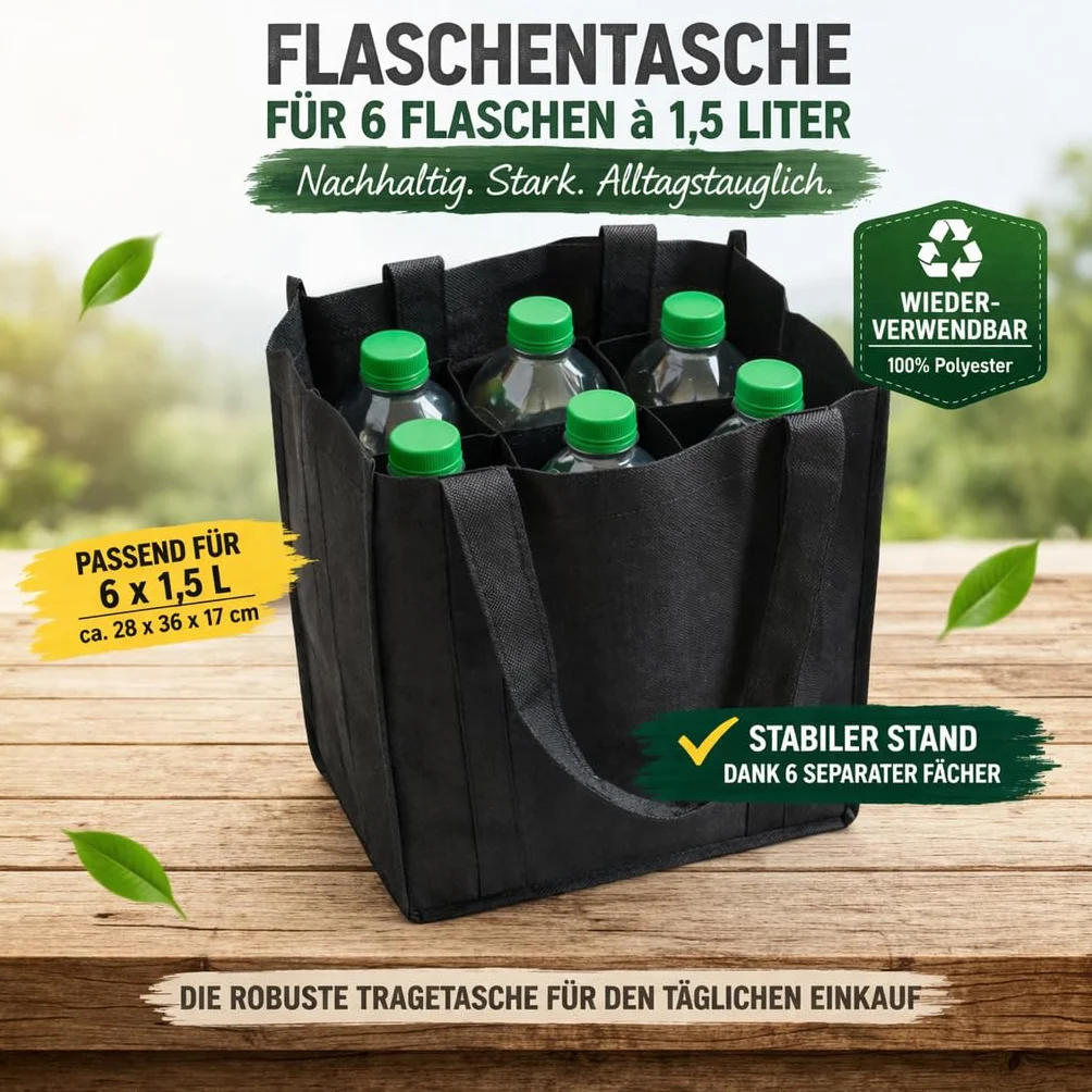 ReWu Torba na 6 Butelek 1,5L Kosz Wielokrotnego Użytku z Przegródkami Uchwyt Tworzywo Sztuczne 28x17
