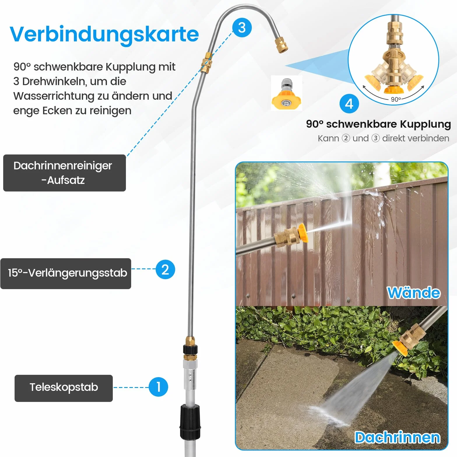 COSTWAY 5-częściowy drążek teleskopowy do myjki wysokociśnieniowej 550 cm, drążek przedłużający z 5 dyszami natryskowymi, 2 adaptery, sprzęgło i pasek nośny, idealny do rynn, ścian i pojazdów