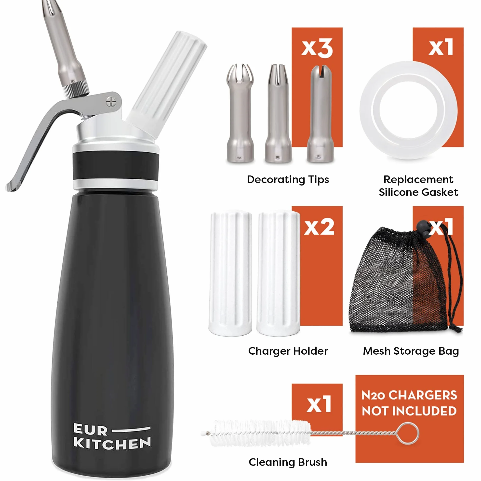EurKitchen aluminiowy dozownik do bitej śmietany 500 ml z 3 dyszami