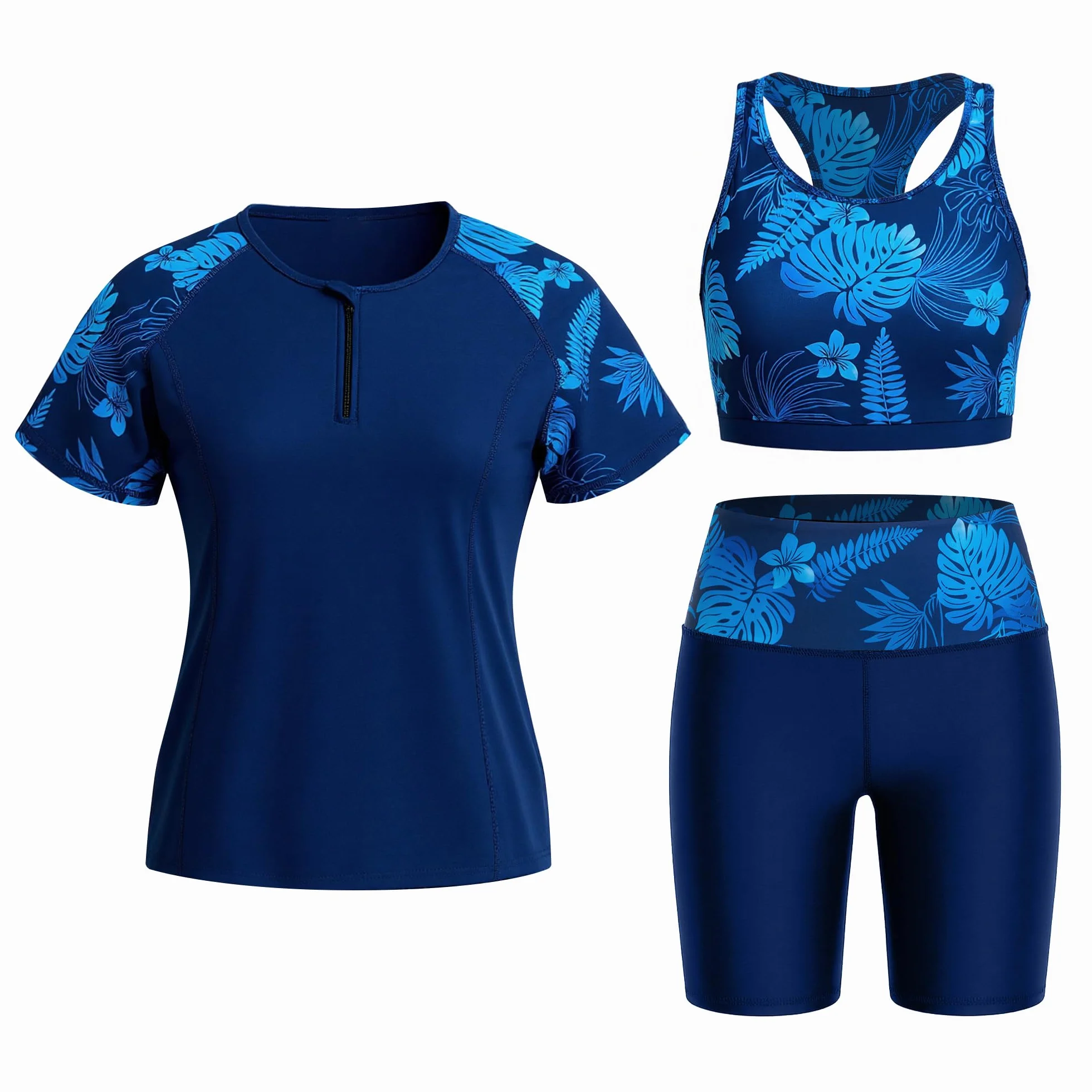 Owntop Rashguard damski zestaw 3-częściowy – koszulka do pływania z krótkim rękawem z topem i kąpielówkami, szybkoschnąca odzież kąpielowa z ochroną UV na plażę, do pływania, sportów wodnych