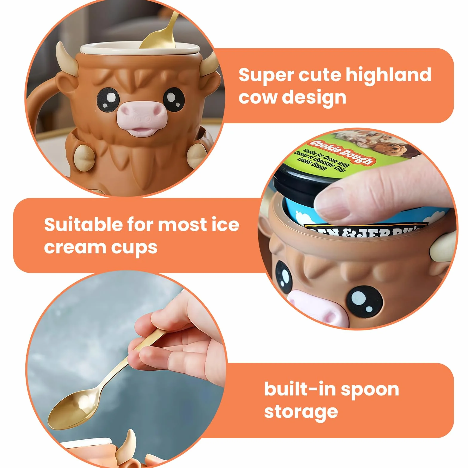 Yamobi Cute Highland Cow Ice Pint Holder, uchwyt na pintę lodu z łyżeczką, 473 ml zapobiegający zamarzaniu rąk kubek na lody z otworem na łyżkę, tajna szuflada na przekąski