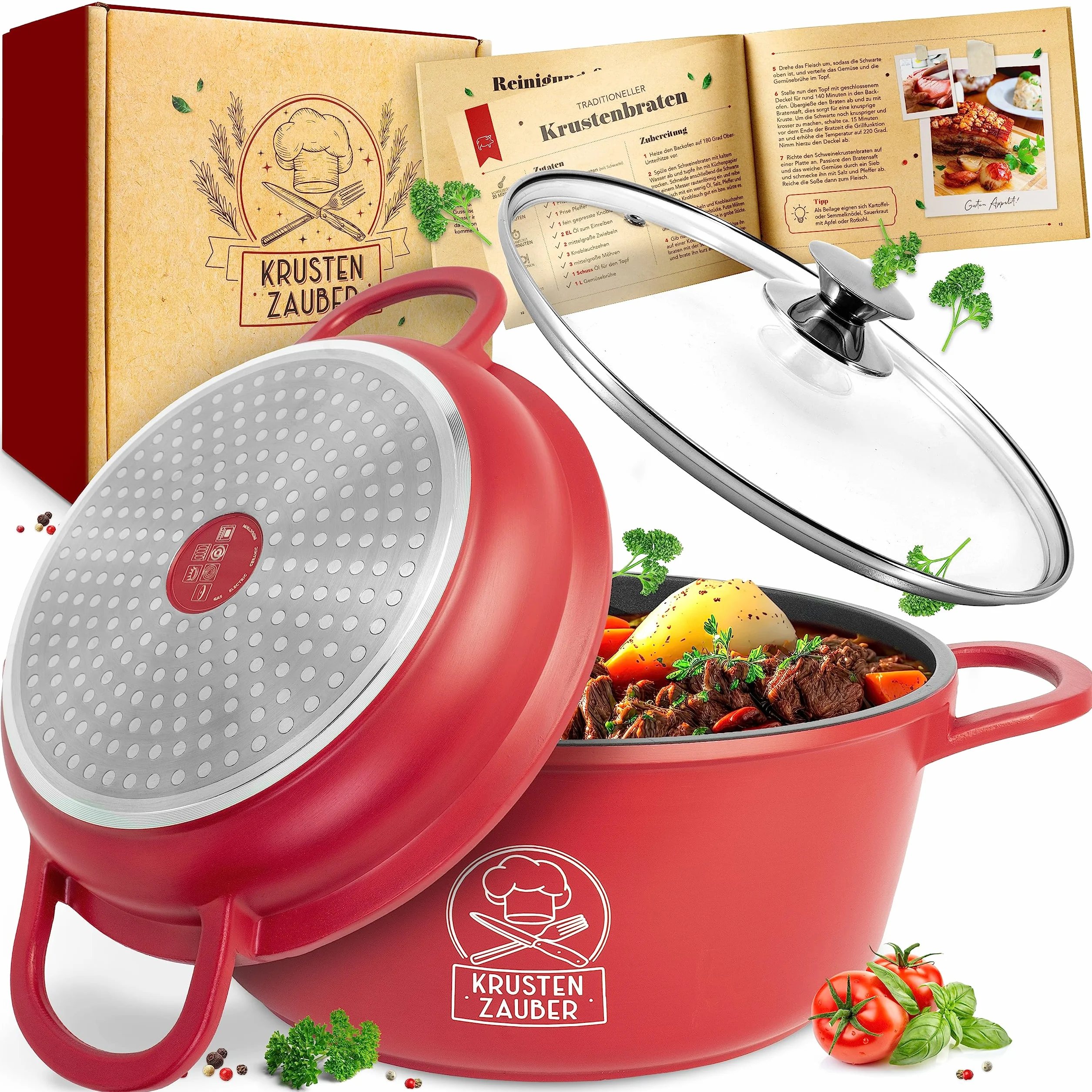 KRUSTENZAUBER 24 cm odlew aluminiowy naczynie do pieczenia z pokrywką szklaną 4 l garnek do duszenia patelnia indukcyjna