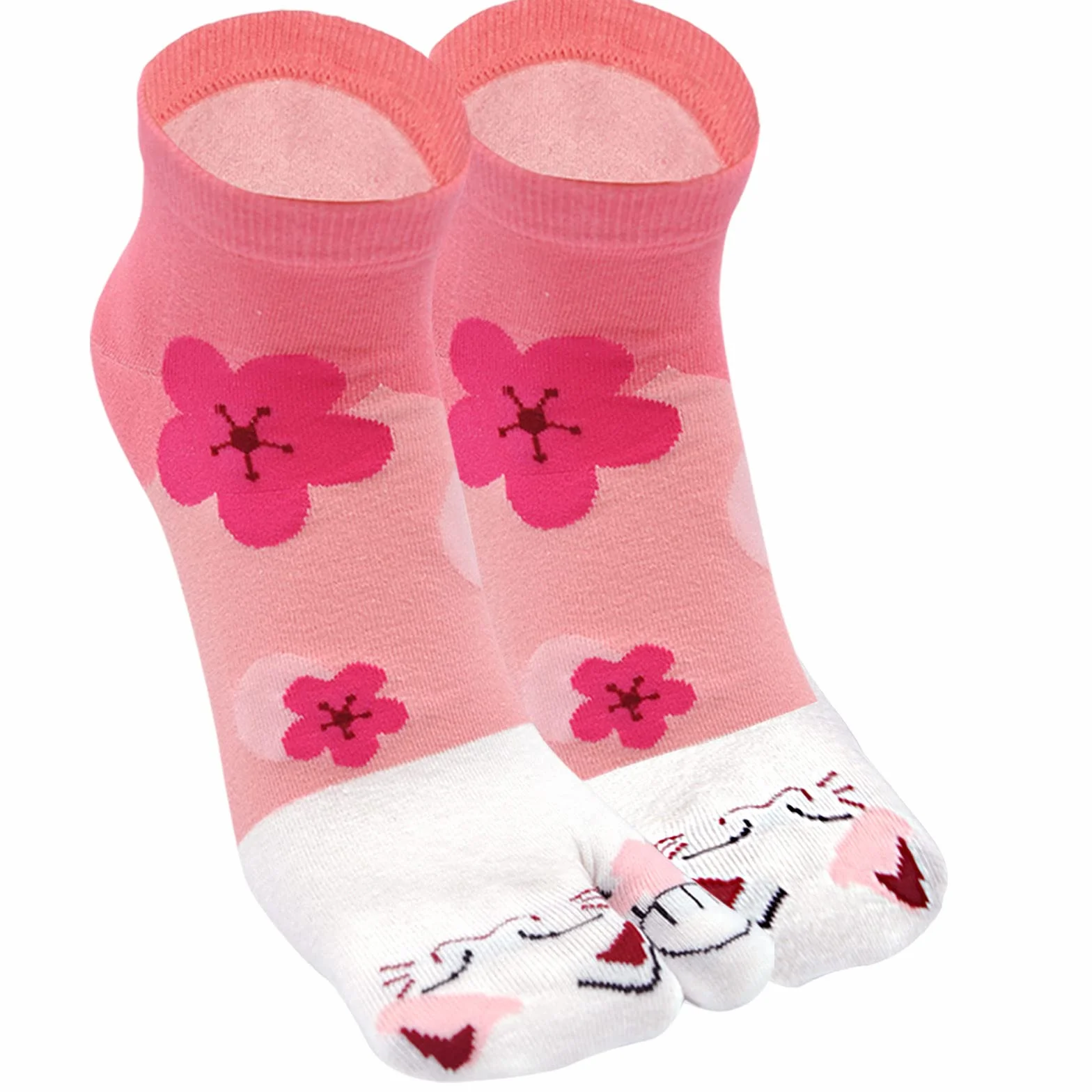 Tabi damskie skarpety typu flip flop, skarpety z bawełny, krótkie skarpety z dwoma palcami, styl japoński, kolorowe, zabawne wzory Sakura, rozmiar 35-41, 4 pary, 1 para kotów szczęścia
