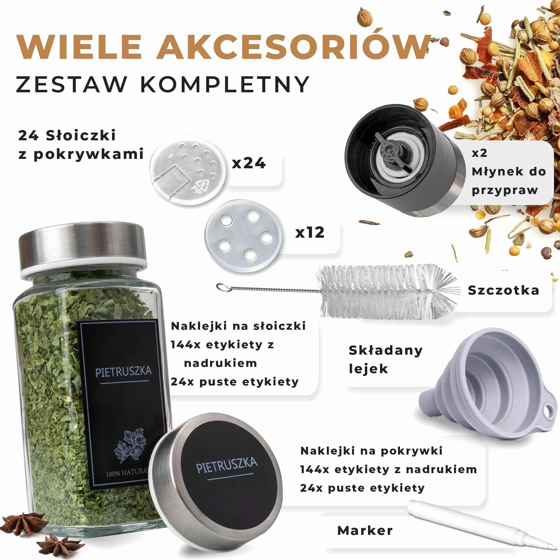 Comforder Zestaw 24 Szklanych Słoiczków na Przyprawy 120ml z 336 Etykietami i Młynkami