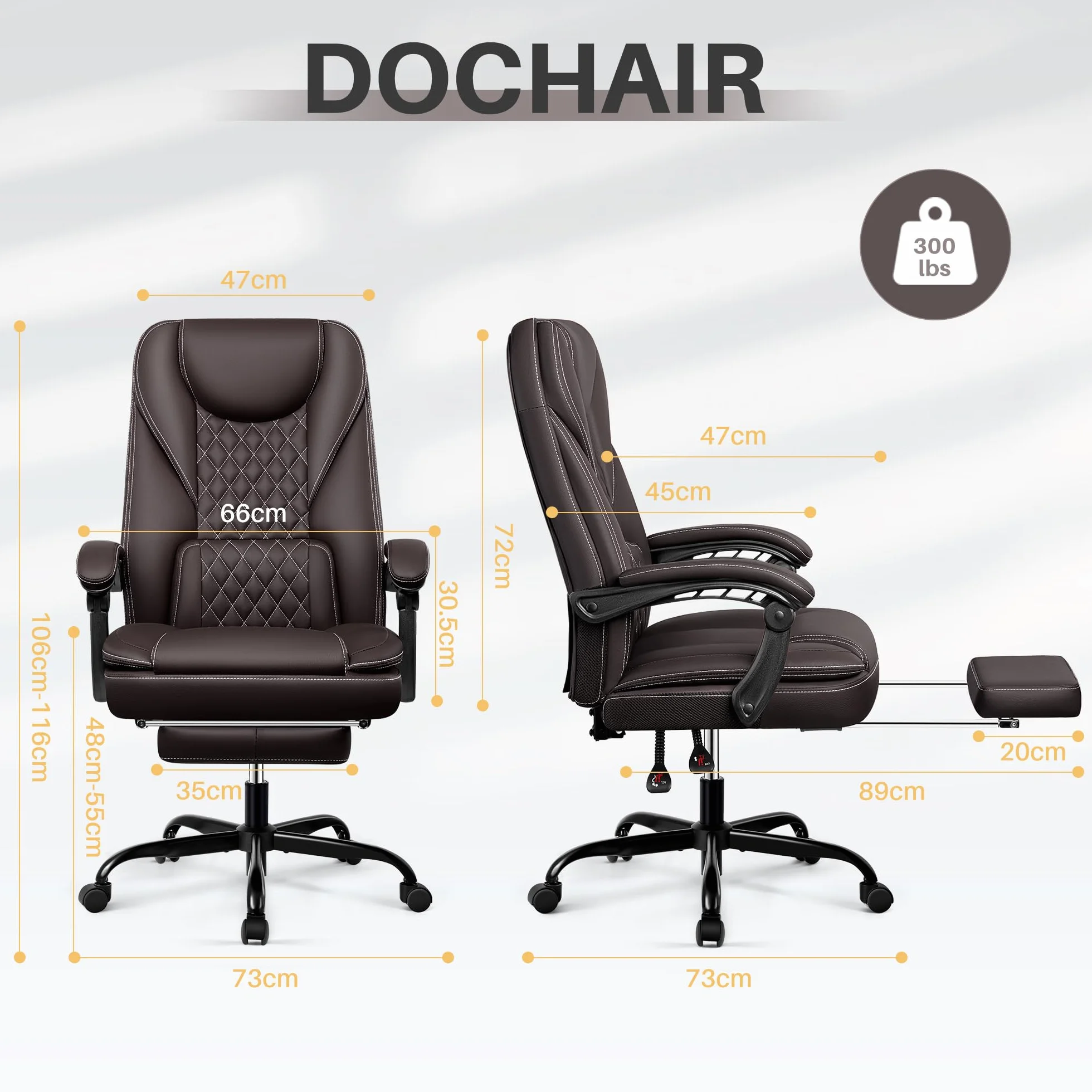 Ergonomiczne krzesło biurowe 140° z podnóżkiem, zagłówkiem, funkcja przechylania, krzesło obrotowe, fotel szefa, sztuczna skóra, 150 kg, kolor kawowy