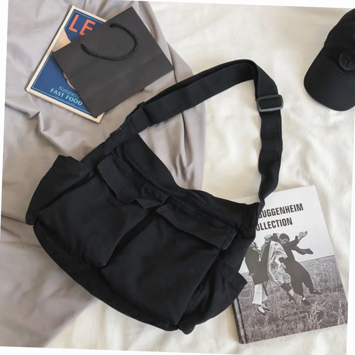 Duża Płócienna Torba Crossbody Dla Kobiet - Portfel, Torba Laptopa, Hobo Z Regulowanym Paskiem - Zielona