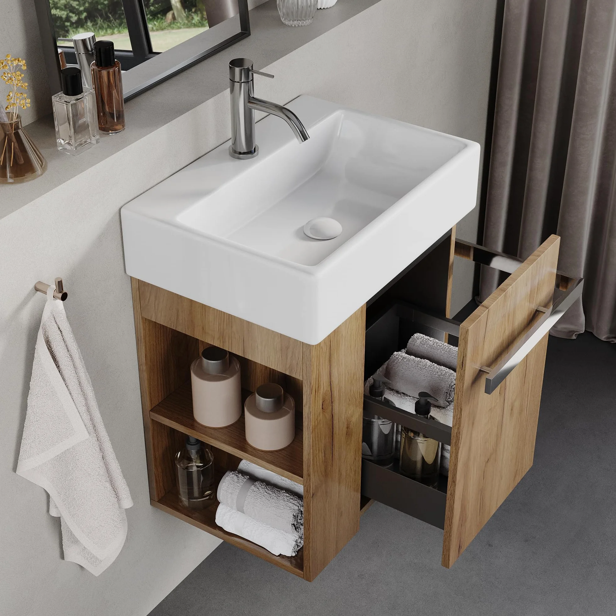 Szafka Łazienkowa 50 cm Z Ceramiczną Umywalką, Szufladą Z Cichym Domykiem, Uchwytem Na Ręczniki, Wersja Lewa/prawa, European Oak