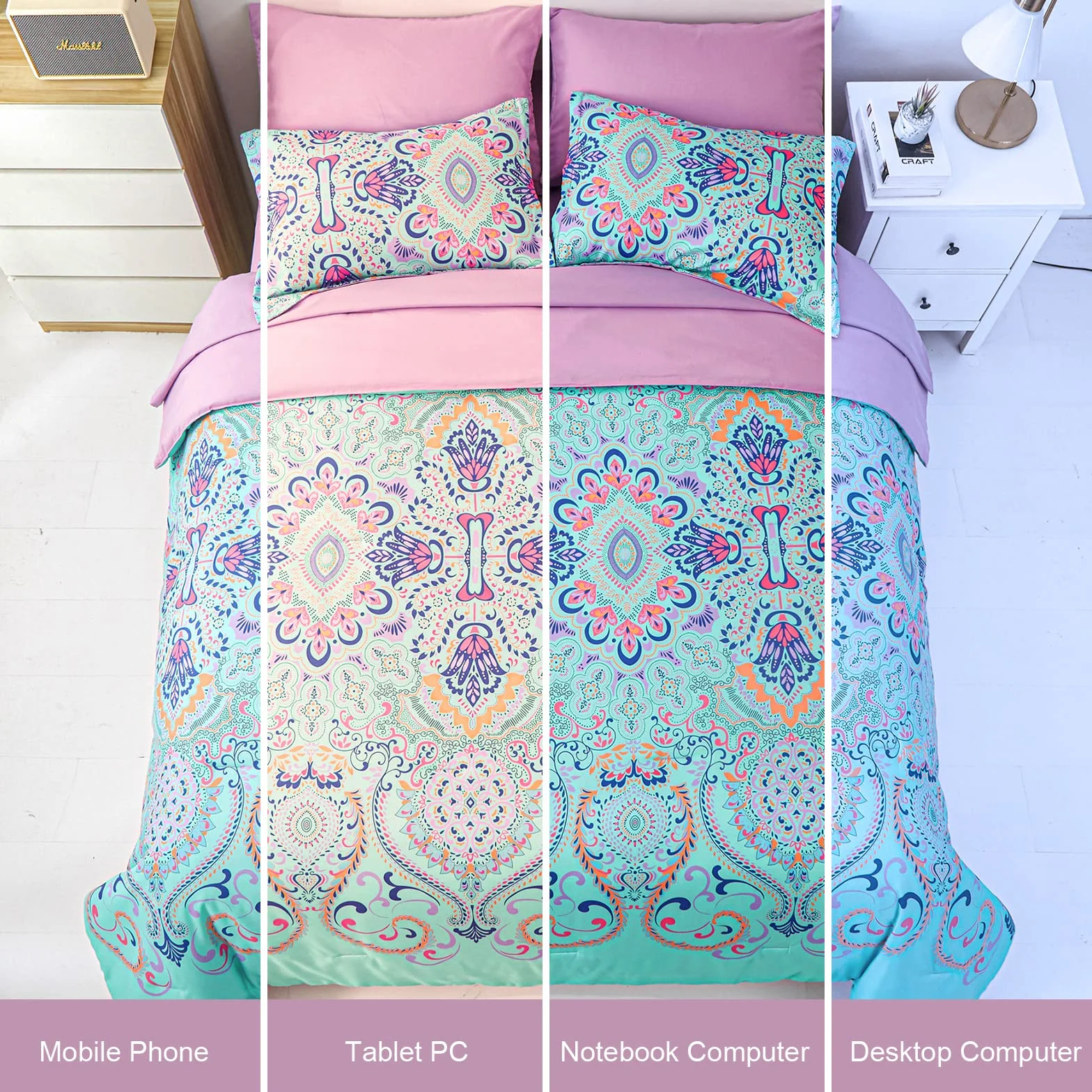 Boho Aqua Lilac Damask Medalion Zestaw kołder King Size 7-częściowy pościel z prześcieradłami