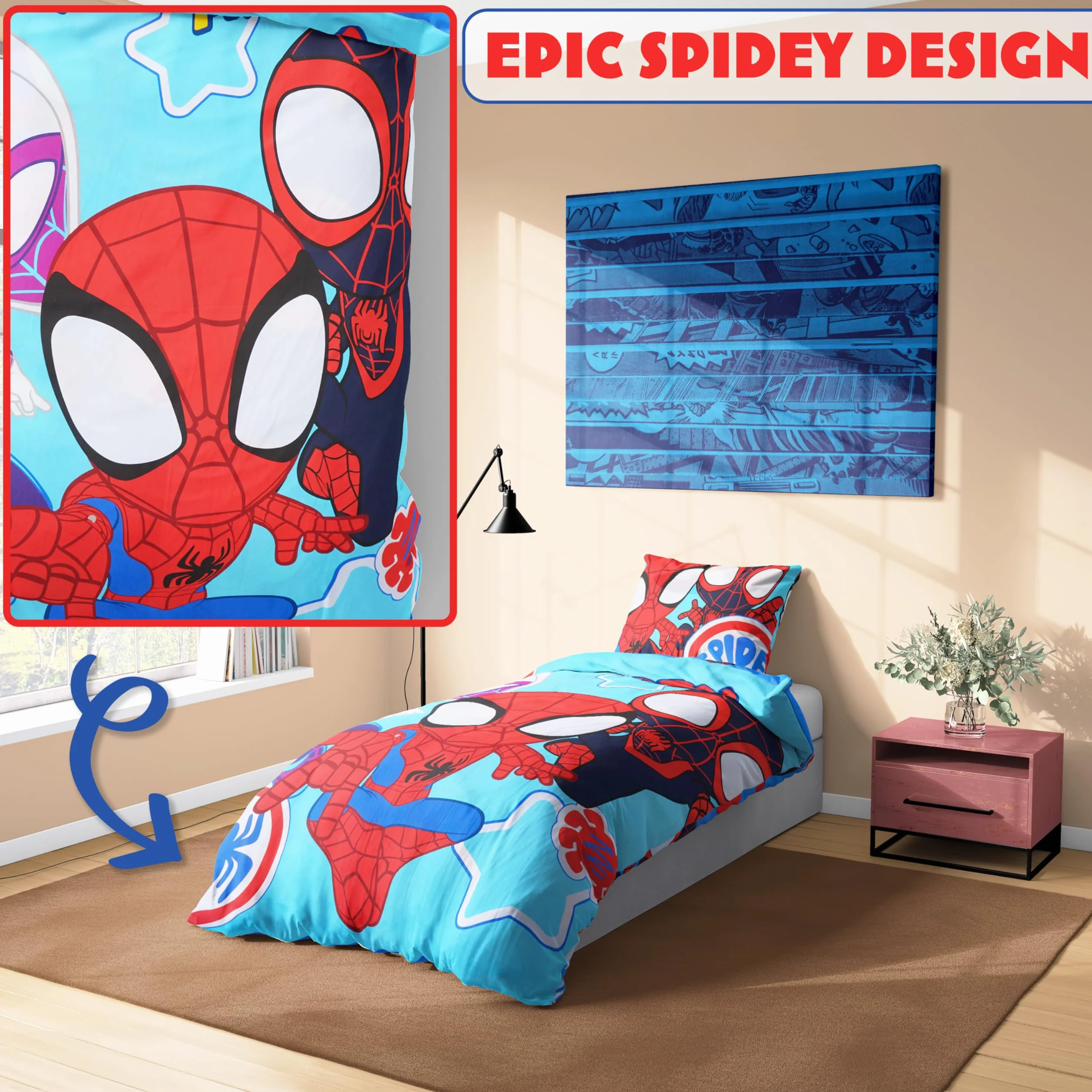 Marvel Spiderman poszewka na kołdrę i poszewka na poduszkę, zestaw pościeli dla dzieci i nastolatków, akcesoria do sypialni, rozmiar pojedynczy (niebieski pająk)
