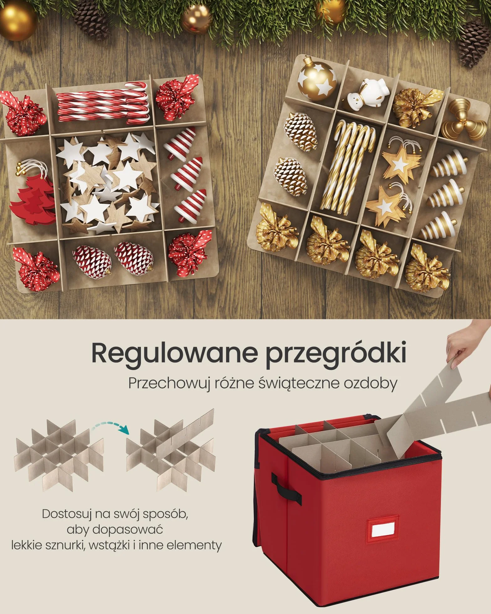 SONGMICS Pudełko do przechowywania dekoracji bożonarodzeniowych, 7,6 cm, 64 przegródki, sztaplowane pudełko do przechowywania bombek bożonarodzeniowych z pokrywką, podwójne zamki błyskawiczne