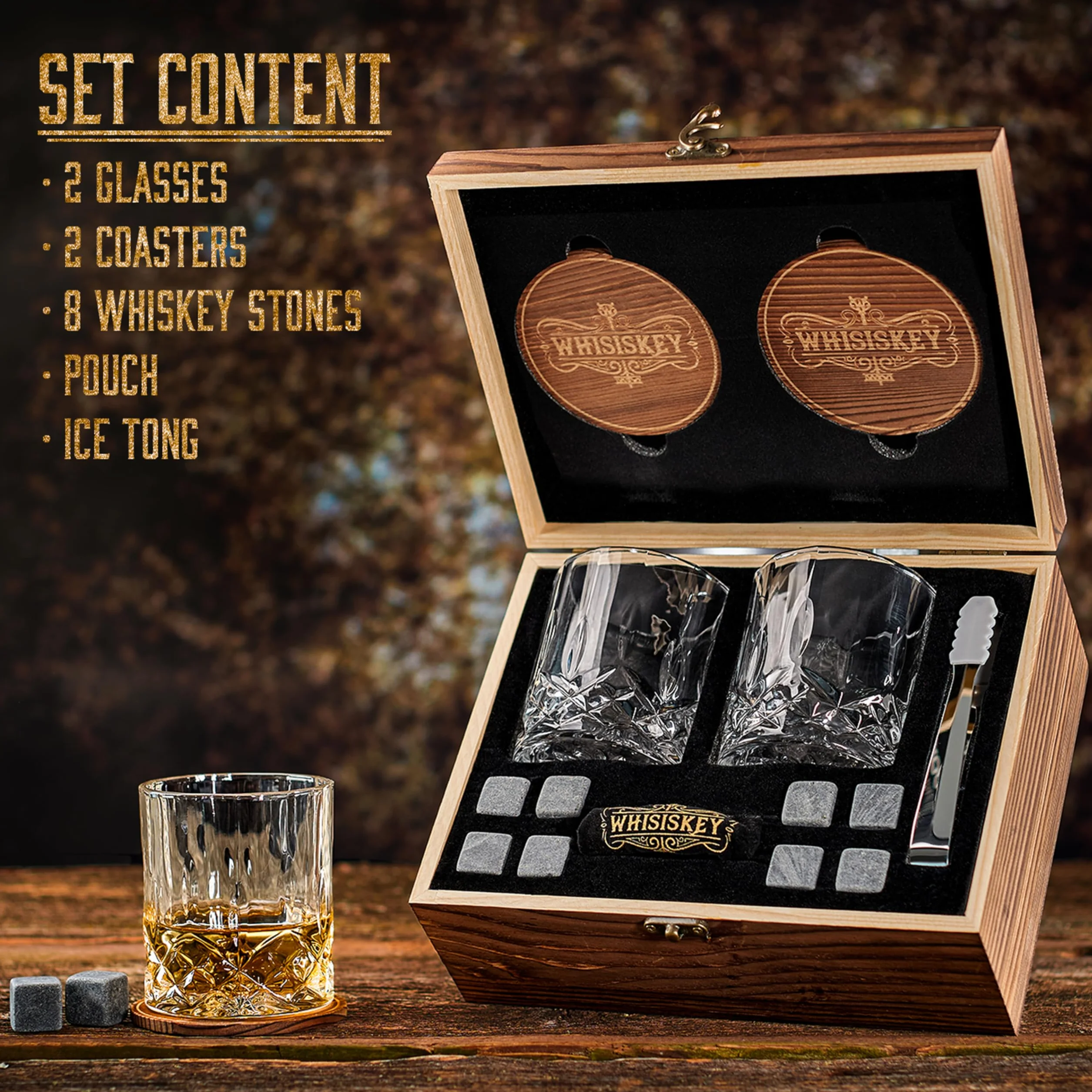 WHISISKEY Zestaw Szklanki do Whisky 310ML 8 Kamieni Akcesoria