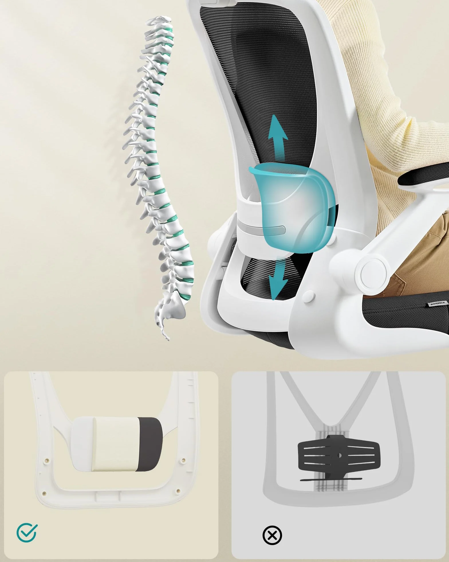 SONGMICS ergonomiczne krzesło biurowe obrotowe z siatką, podparcie lędźwiowe, funkcja bujaka, siedzisko 53 cm, składane podłokietniki, czarno-biały OBN37WTV2