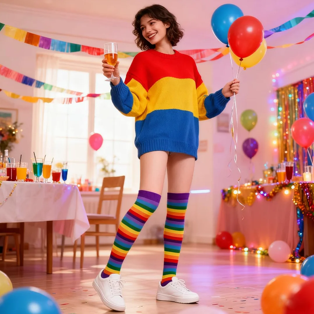 Kolorowe pończochy za kolano w paski, rękawiczki przeciwdeszczowe, damskie pończochy za kolano i rękawiczki bez palców, kolorowy kostium na karnawał Cosplay
