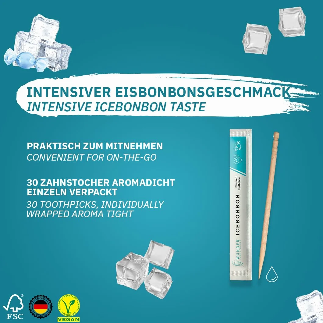 Wonder Wykałaczki o aromacie - 30x indywidualnie zapakowane wykałaczki - dostępne w 8 orzeźwiających smakach - delikatna higiena jamy ustnej - świeży oddech - indywidualnie zapakowane wykałaczki o aromacie (Icebonbon)