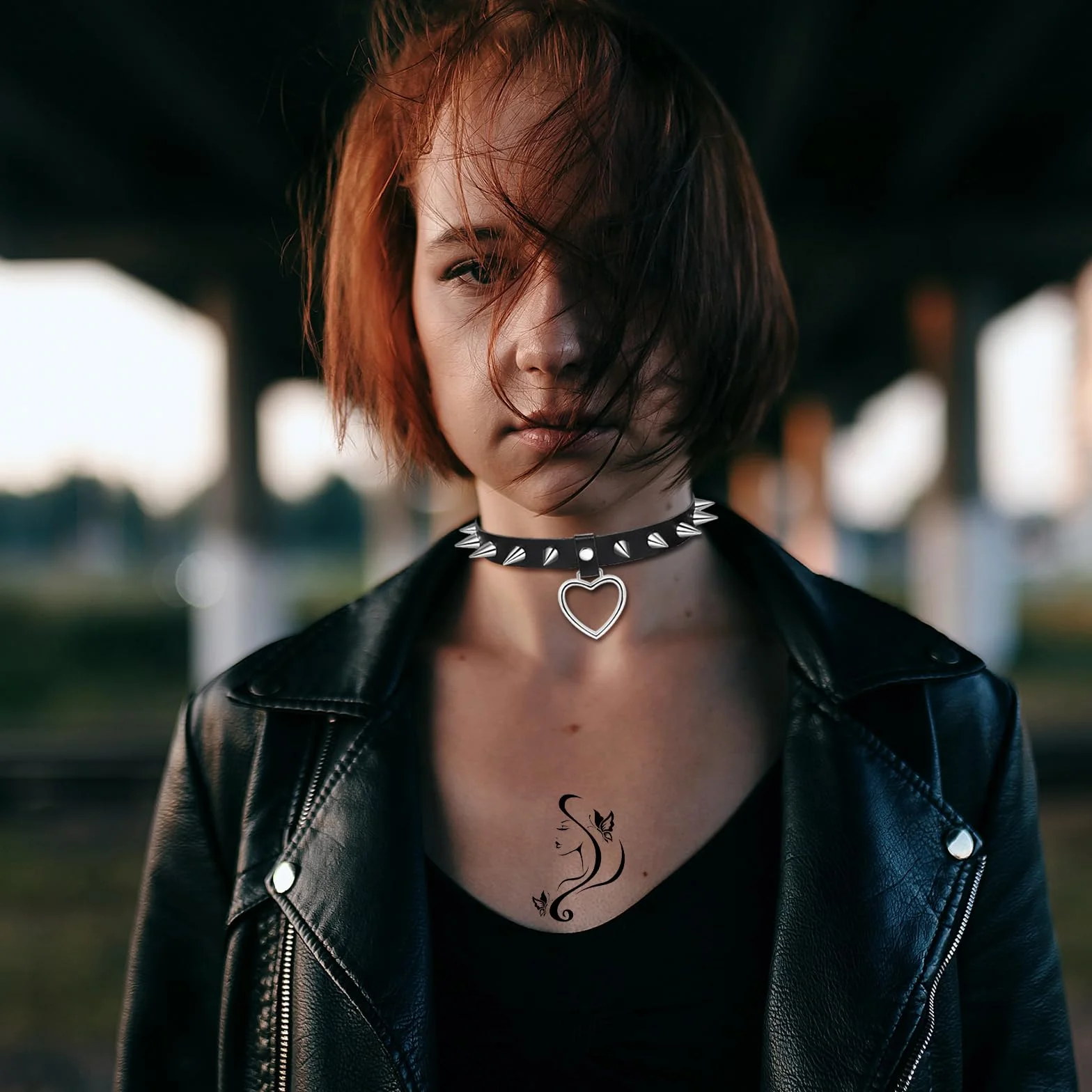 Flongo Gotycki Punk Choker Naszyjniki ze Skóry PU dla Kobiet i Mężczyzn - Czarny Kołnierz Choker z Sercem, Nitami i Kolcami w Stylu Rock na Halloween, Cosplay i Imprezy Kostiumowe