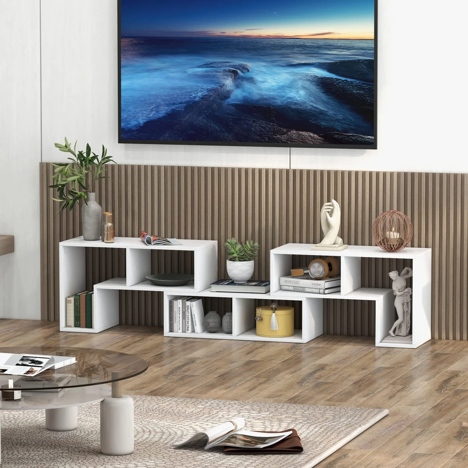 GIANTEX Stojak do telewizora 65 cali, szafka pod TV 134-180 x 30 x 43 cm biały