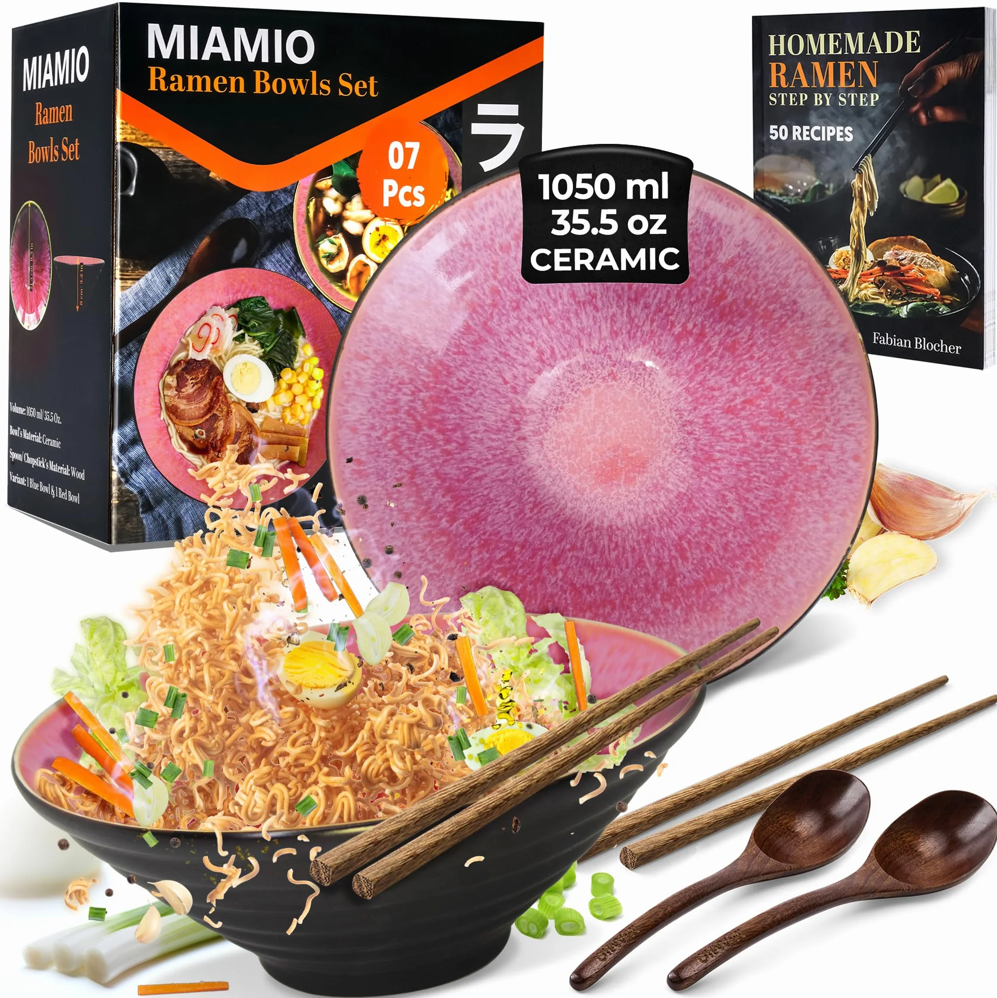 Zestaw 2 dużych misek do ramenu 1050 ml japońska zupa z makaronem drewniane pałeczki łyżki książka z przepisami różowa