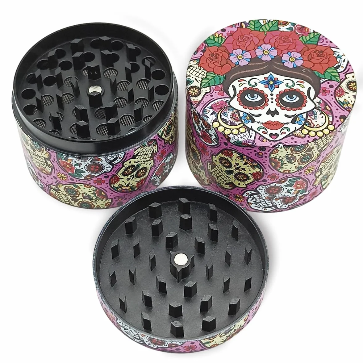 ALLOY KRAFT Metalowy młynek XL 63 mm Ultra ostre ostrza premium 360° Różowy 4 szt. Skrobaczka pyłkowa do przypraw i ziół Meksykańska czaszka