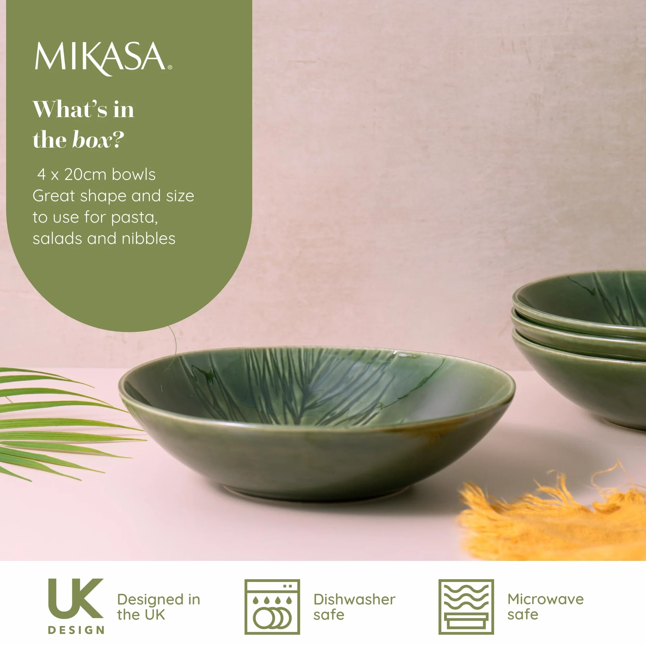 Mikasa Jardin Zestaw misek do makaronu 4 szt. kamionka 20 cm zielony wzór botaniczny