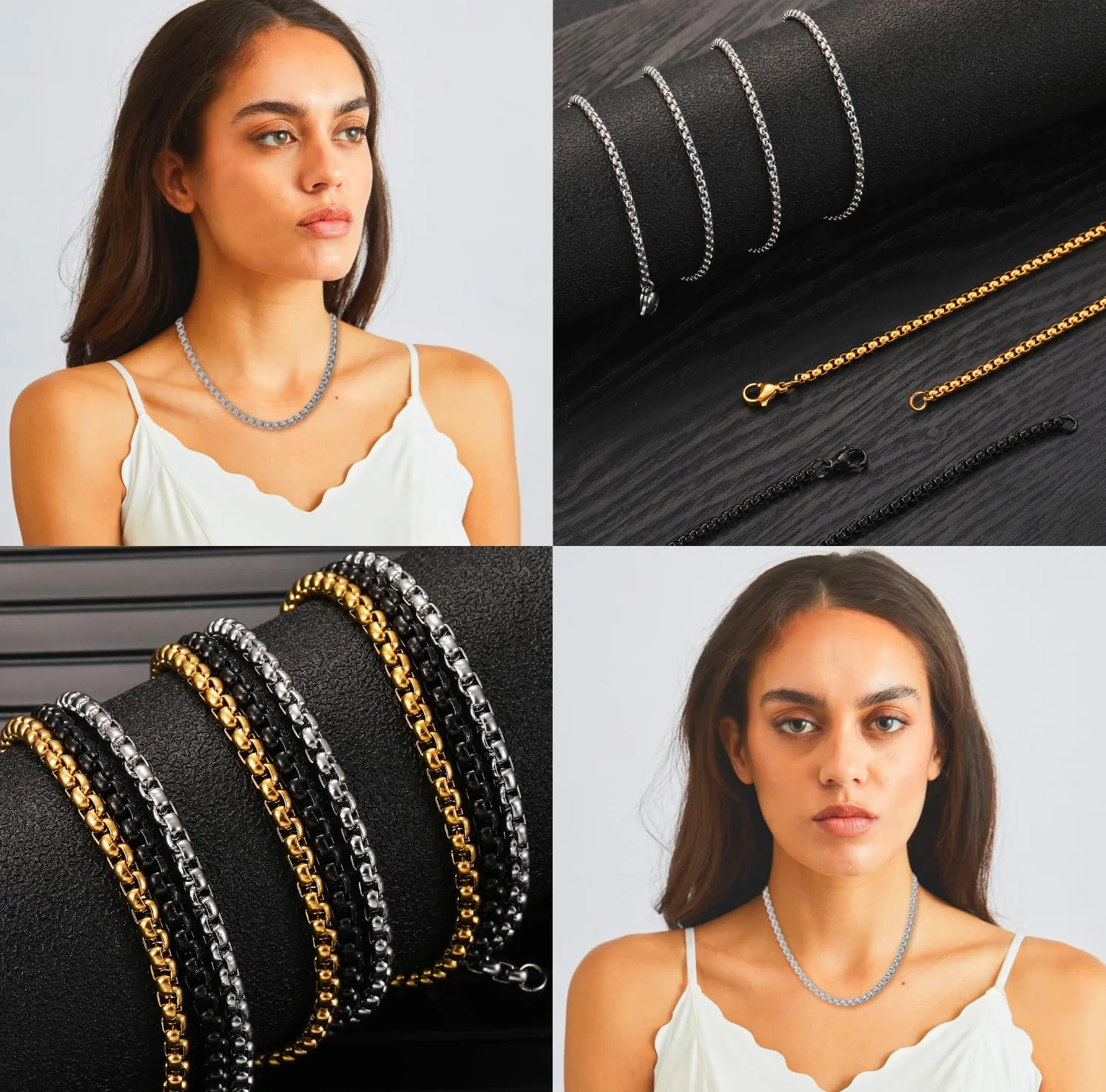 Męski damski łańcuszek na szyję ze stali nierdzewnej Venetian Link Kolia 2/2,5/3/4 mm 45/50/55/60/70 cm pudełko łańcuszek dla mężczyzn biżuteria srebrny / złoty / czarny