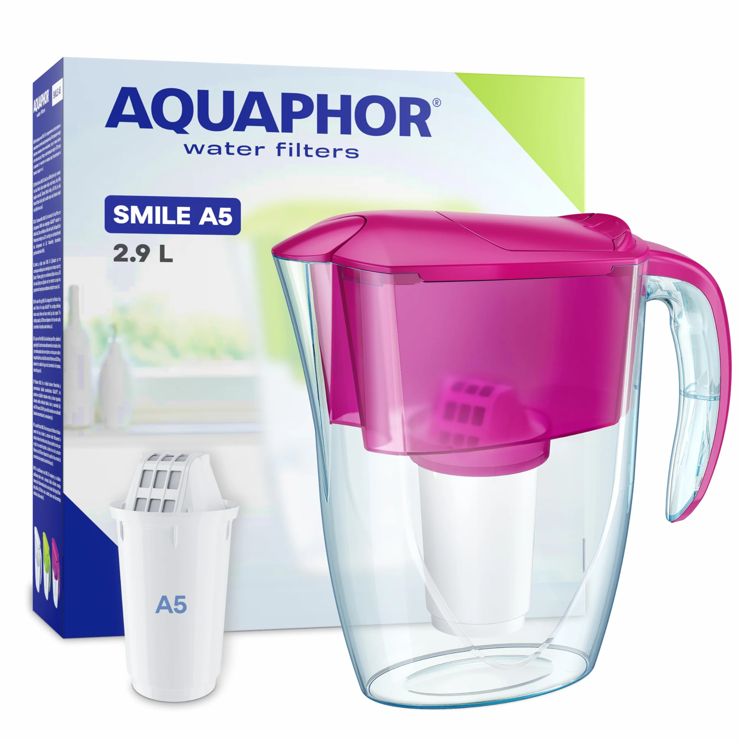 AQUAPHOR Smile Dzbanek filtrujący do wody z 1 wkładem A5 o pojemności 350 litrów, różowy Cyklamen, całkowita pojemność 2,4 l (opakowanie może się różnić)