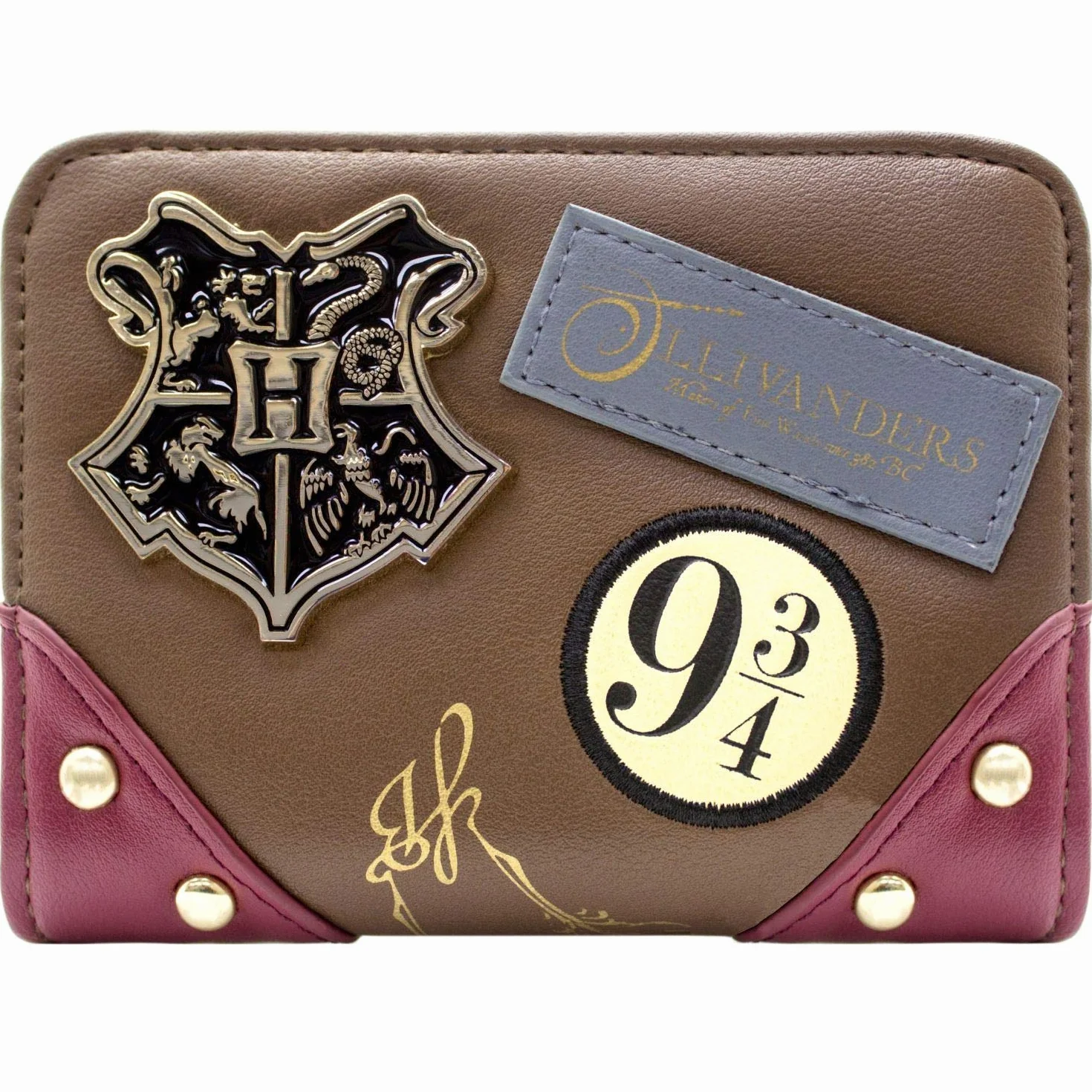 Harry Potter Hogwarts Herb Ollivanders Portfel/Sakiewka Torebka Bi-Fold z kieszenią na monety & uchwyt na karty, Brązowy