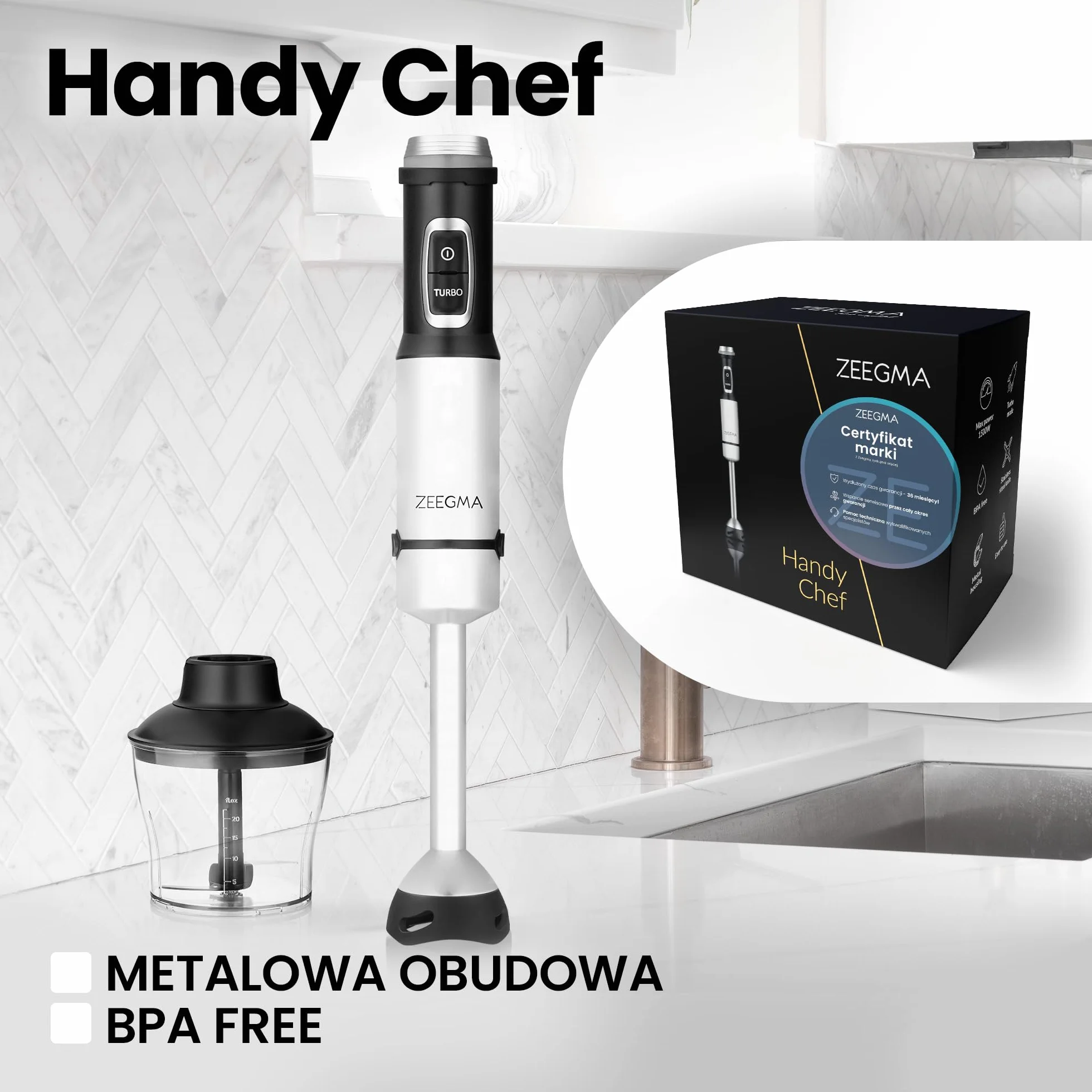 ZEEGMA Handy Chef blender ręczny 5w1 wielofunkcyjny o mocy 1500W, zestaw końcówek: blendująca, miksująca, ubijająca, hak do mieszania, malakser 0,6 l, pojemnik 0,8l, tryb turbo, regulacja prędkości